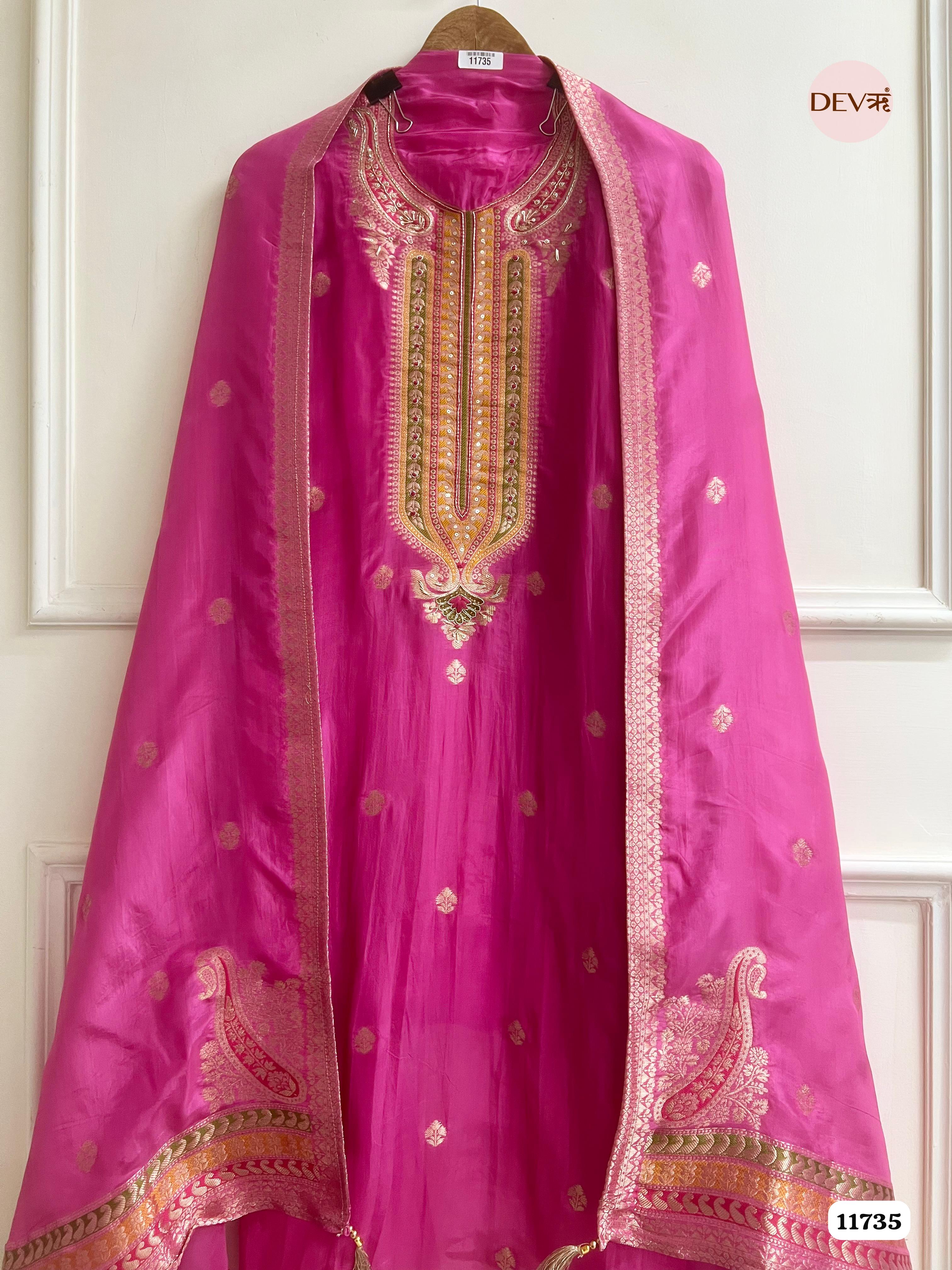 Pink Organza Silk Unstitched Banarasi Weave Hand Embroidered -Set Of 3 {11735}