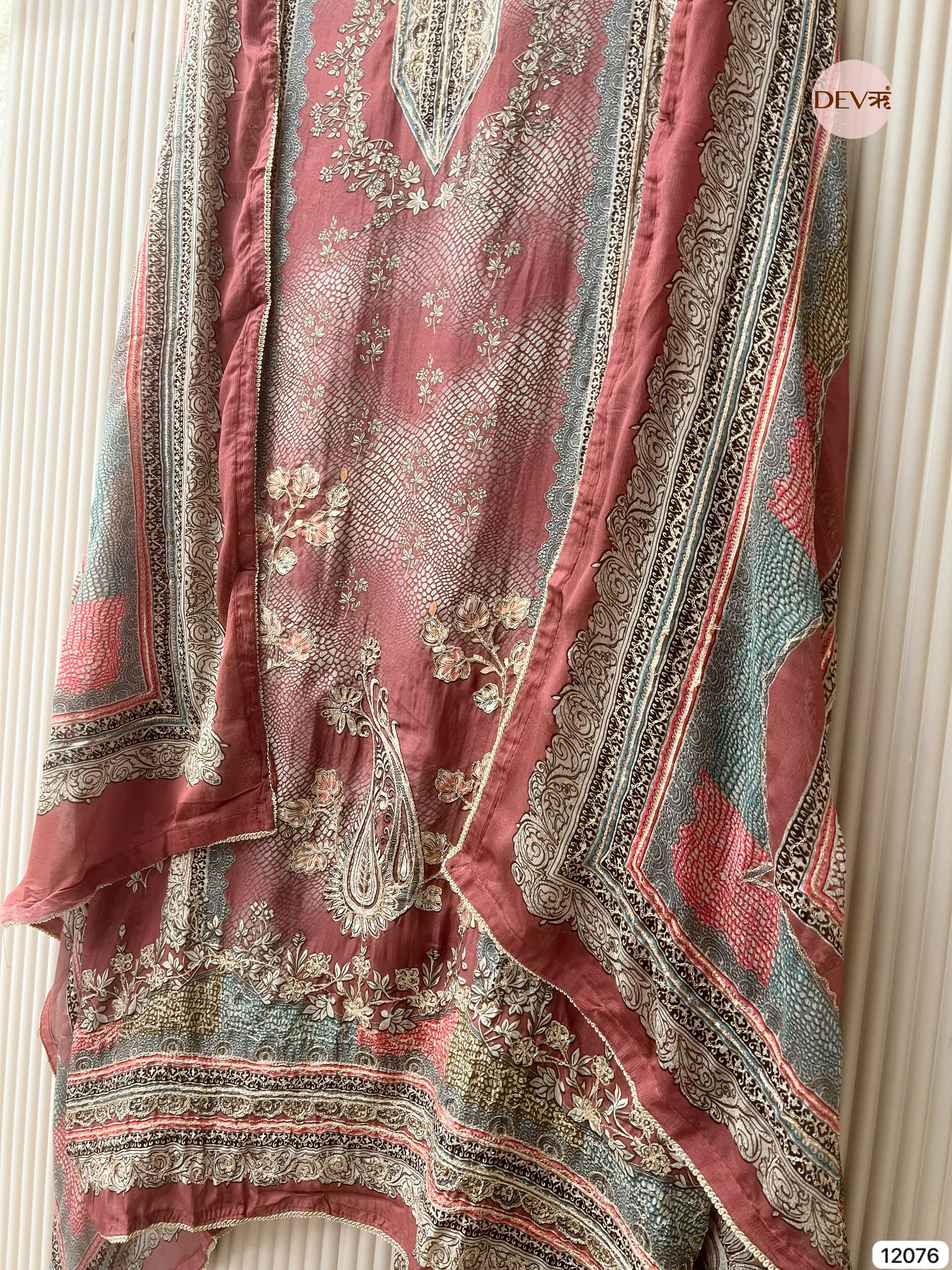 Maroon Pure Muslin Unstitched Printed With Hand Zardosi Embroidery -Set Of 3- {12076}