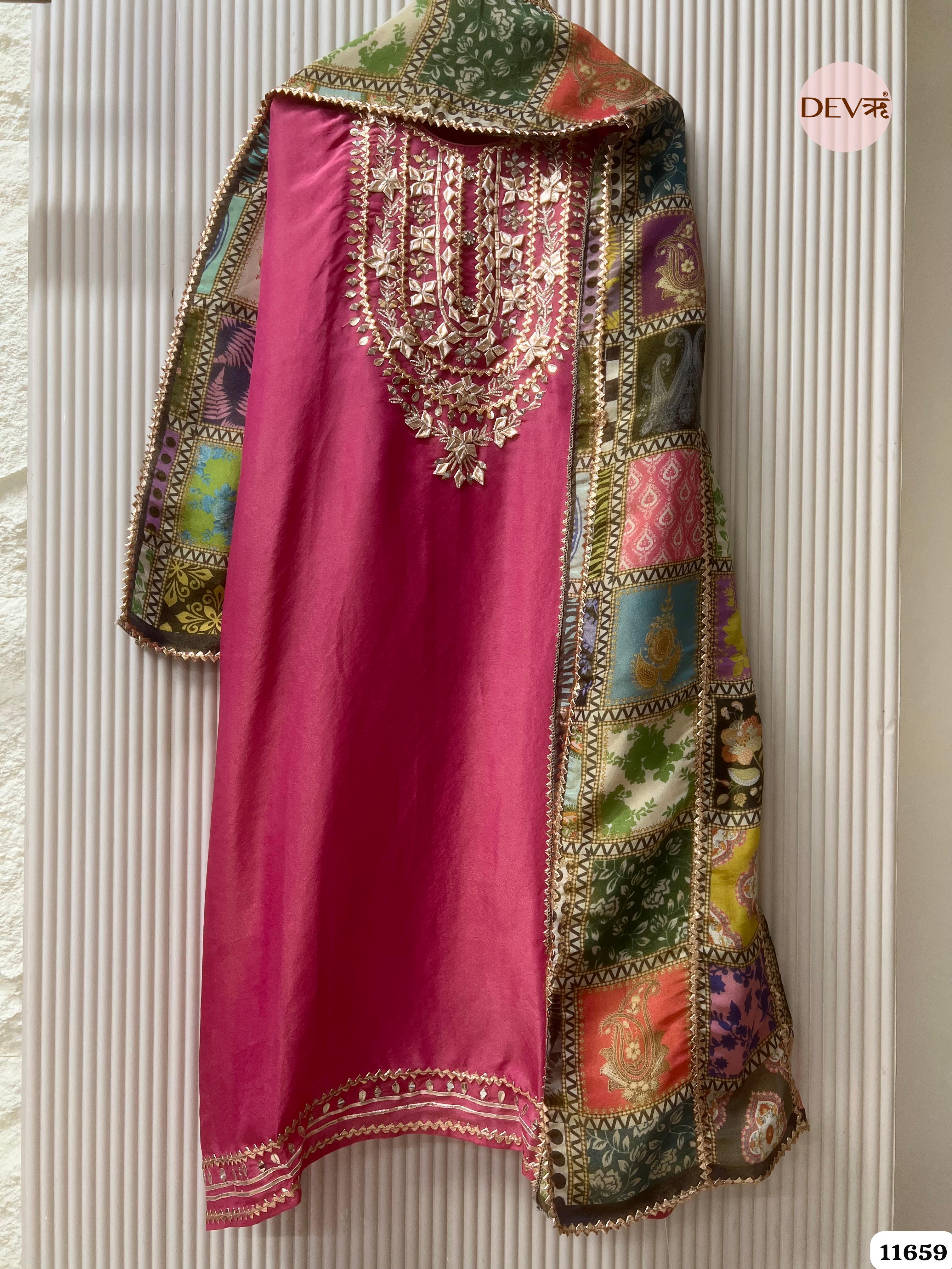 Deep Pink Tissue Silk Unstitched Hand Embroidered -Set Of 3 {11659}