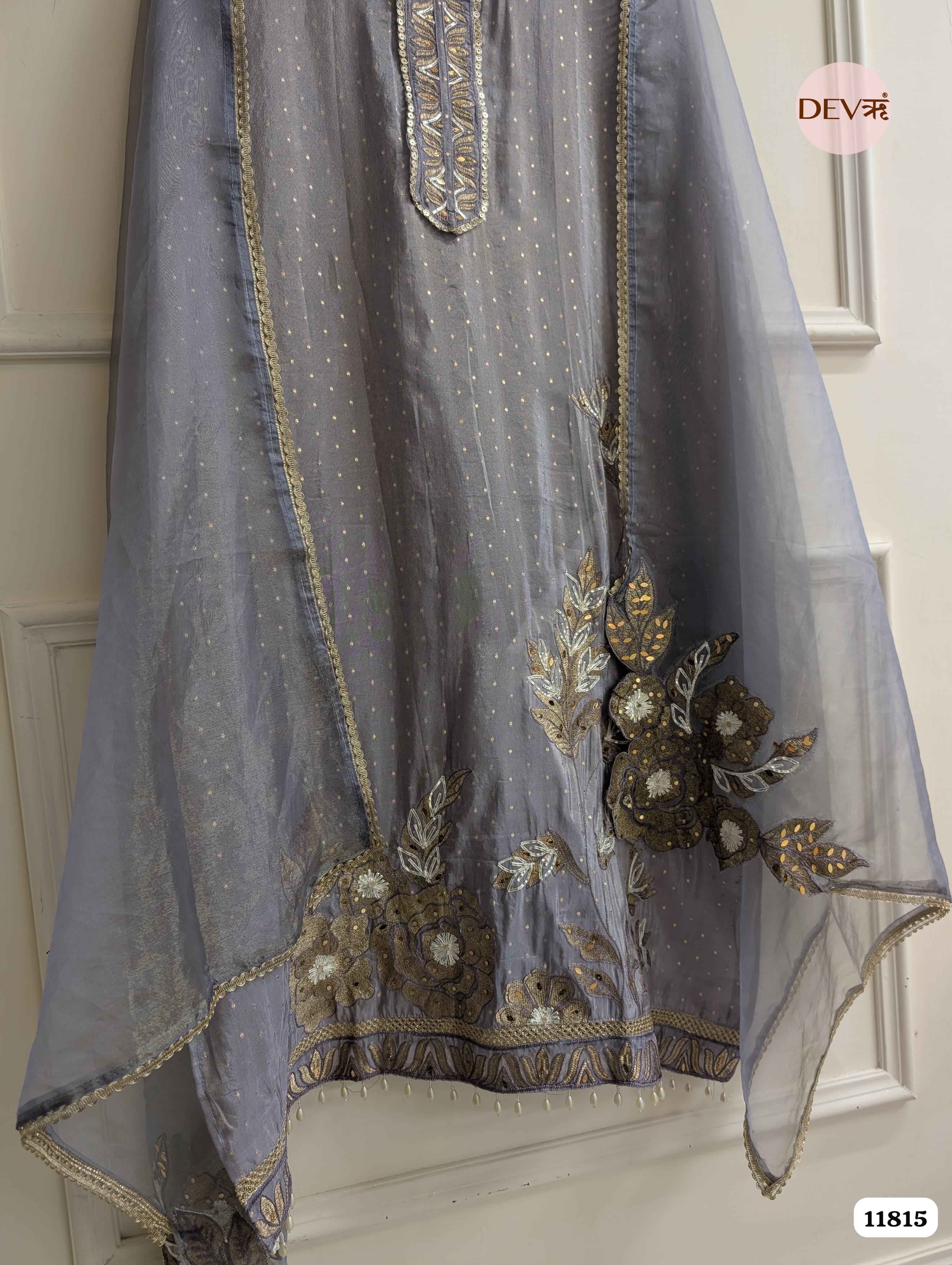 Grey Blue Tissue Silk Woven Unstitched Embroidered -Set Of 3 {11815}