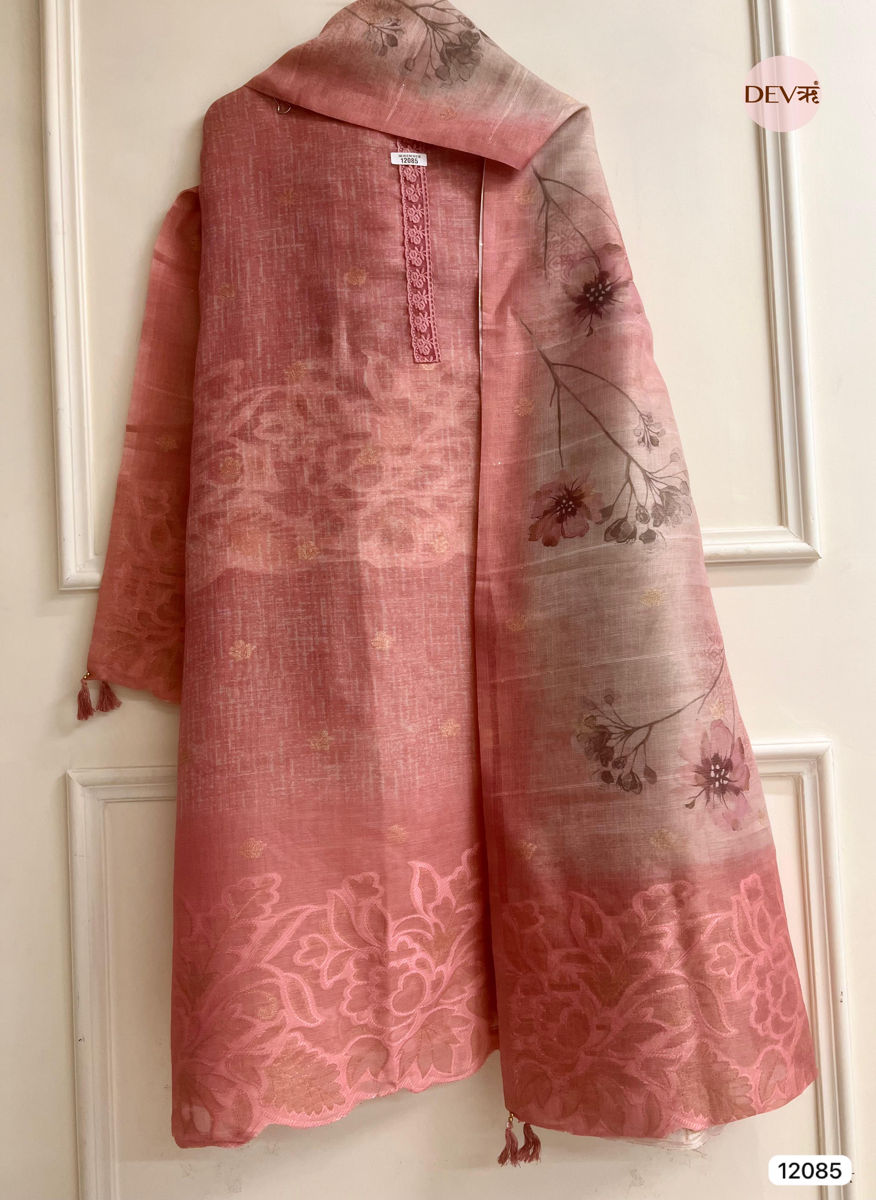 Pink Pure Raw Unstitched Silk Thread Woven Embroidered -Set Of 3 - {12085}