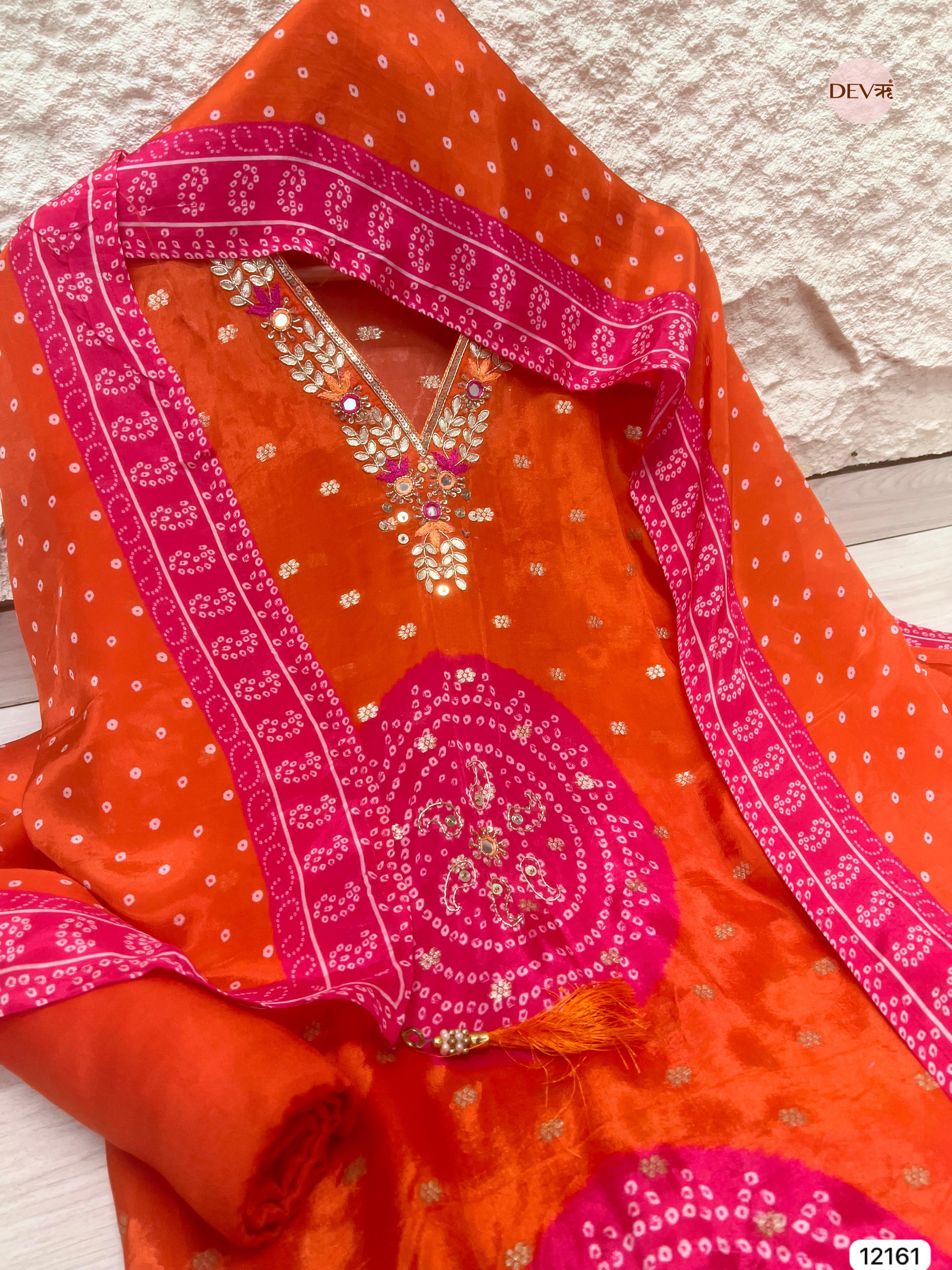 Orange Pure Shimmer Organza Silk Unstitched Banarasi Woven Bandhani Printed Hand Embroidered -Set Of 3 - {12161}