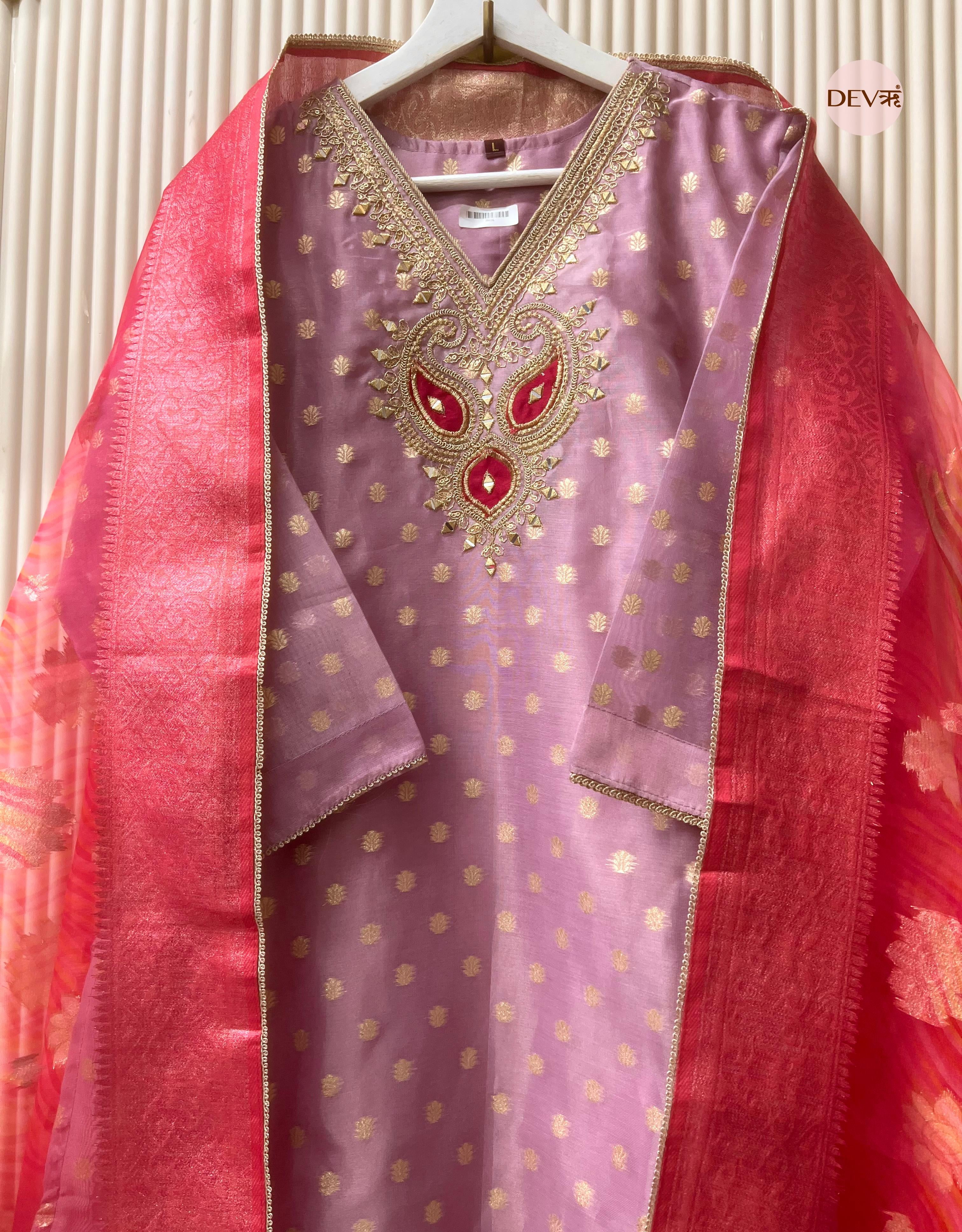 {7662}Pink Tissue Silk Stitched Printed Embroidered -Set Of 3