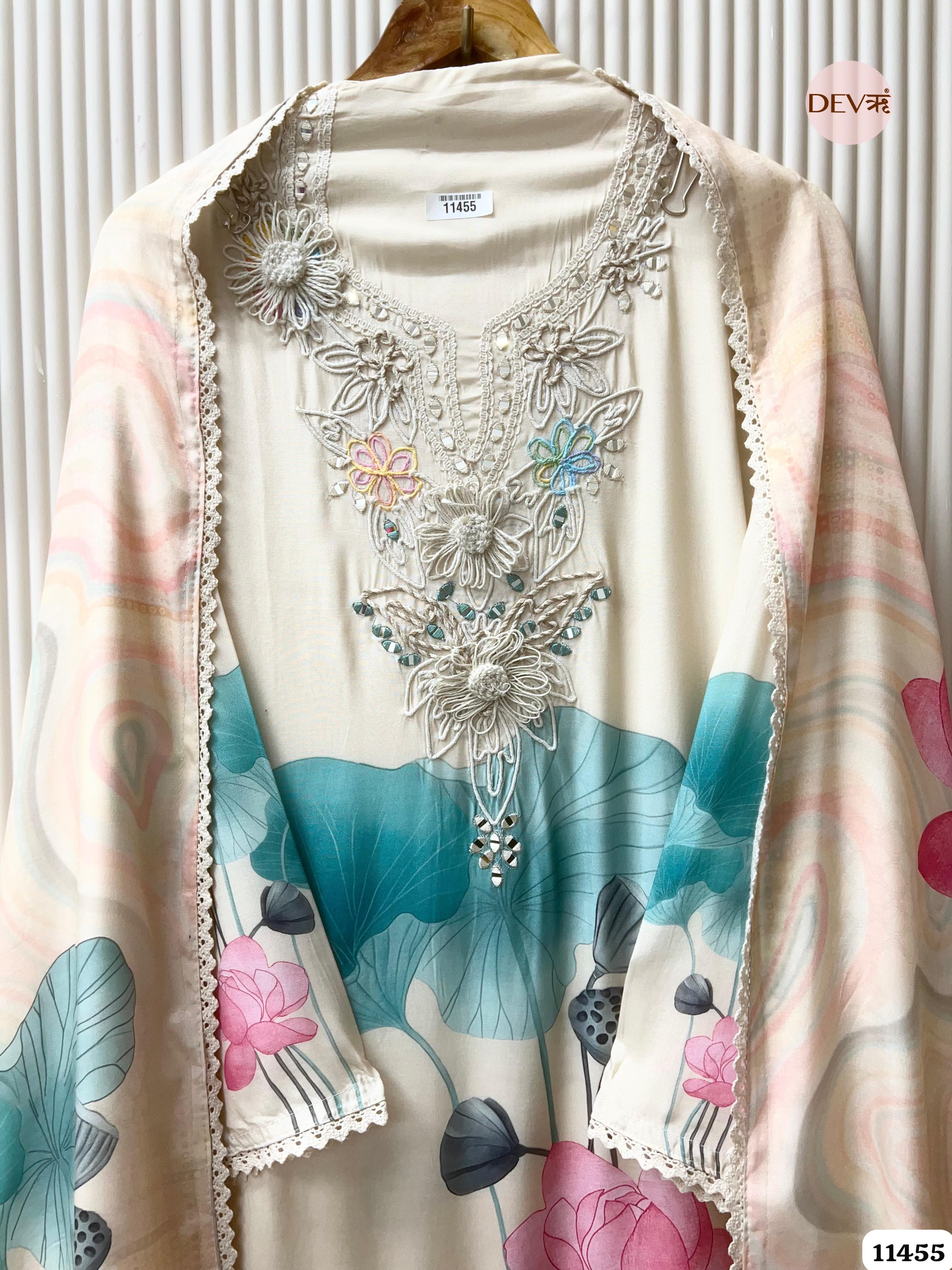 Off-White Or Cream Muslin Printed Semi - Stitched Hand Embroidered -Set Of 3 {11455}