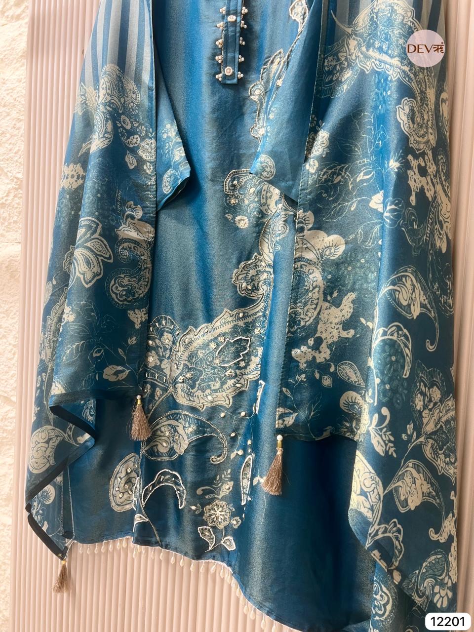 Blue Tissue Silk Unstitched Printed Hand Embroidered -Set Of 3 - {12201}