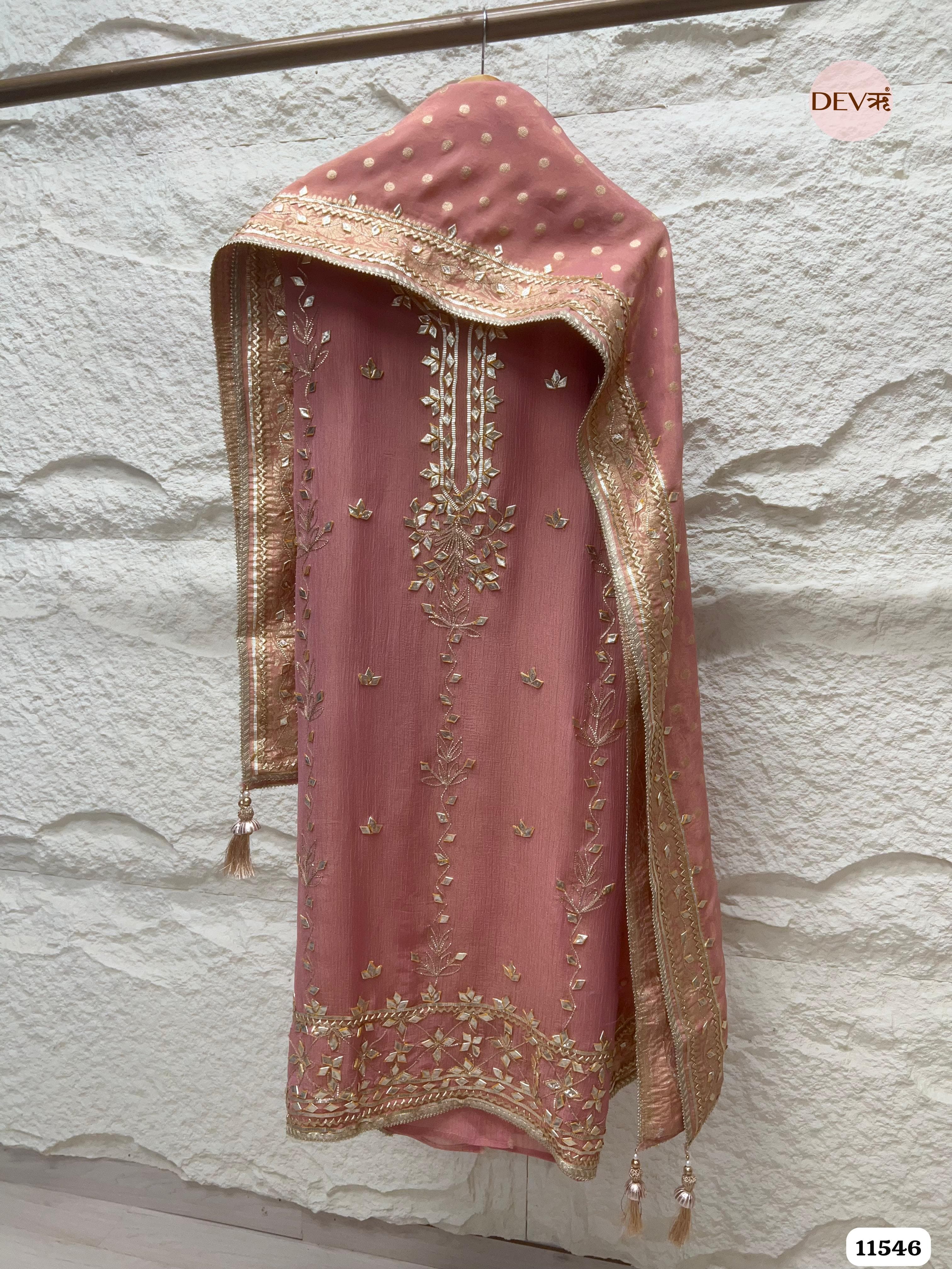 Pink Pure Chino Unstitched Hand Embroidered -Set Of 3 {11546}