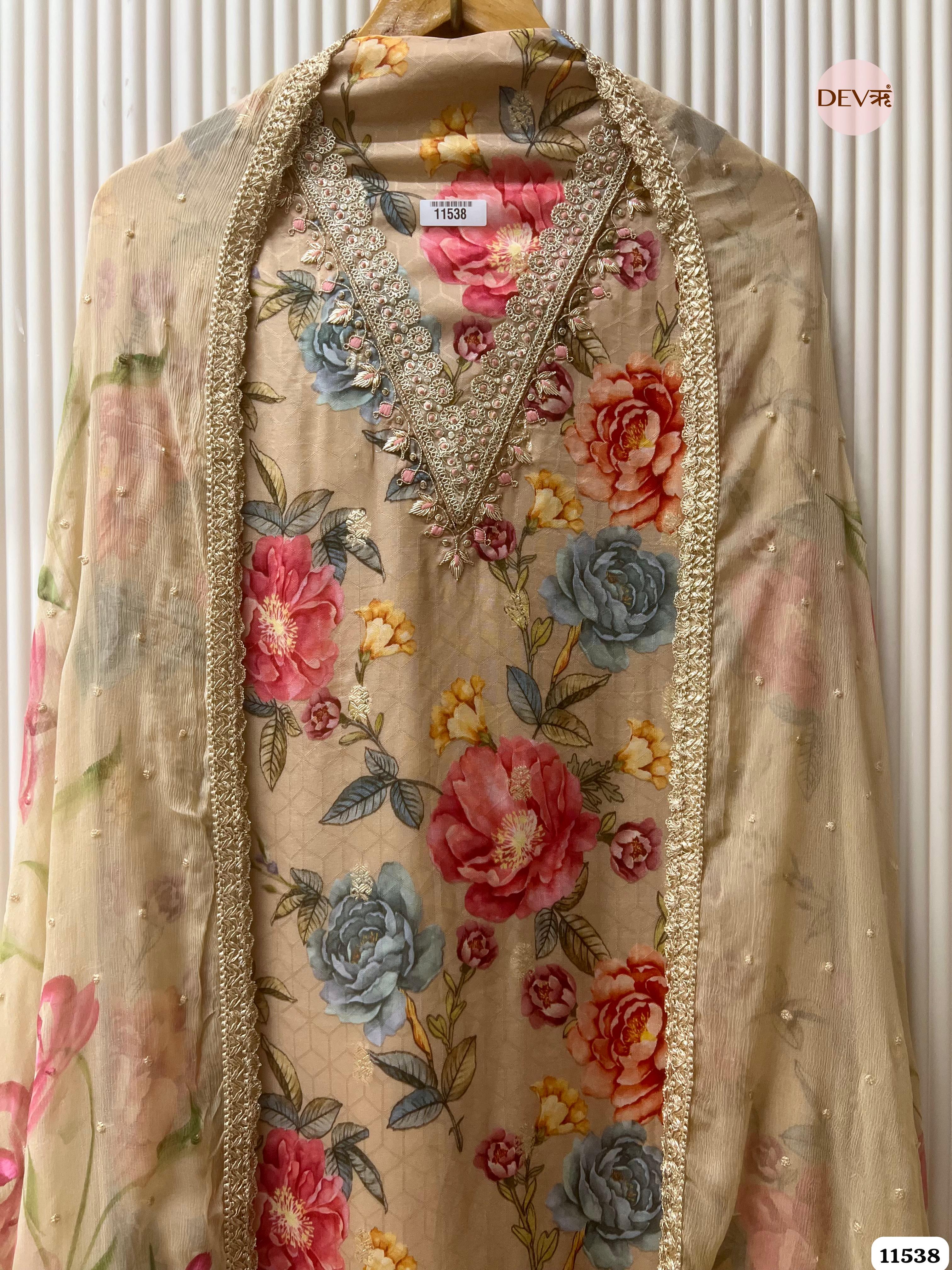 Beige Pure Dola Silk Unstitched Printed Banarasi Weave Hand Embroidered -Set Of 3 {11538}