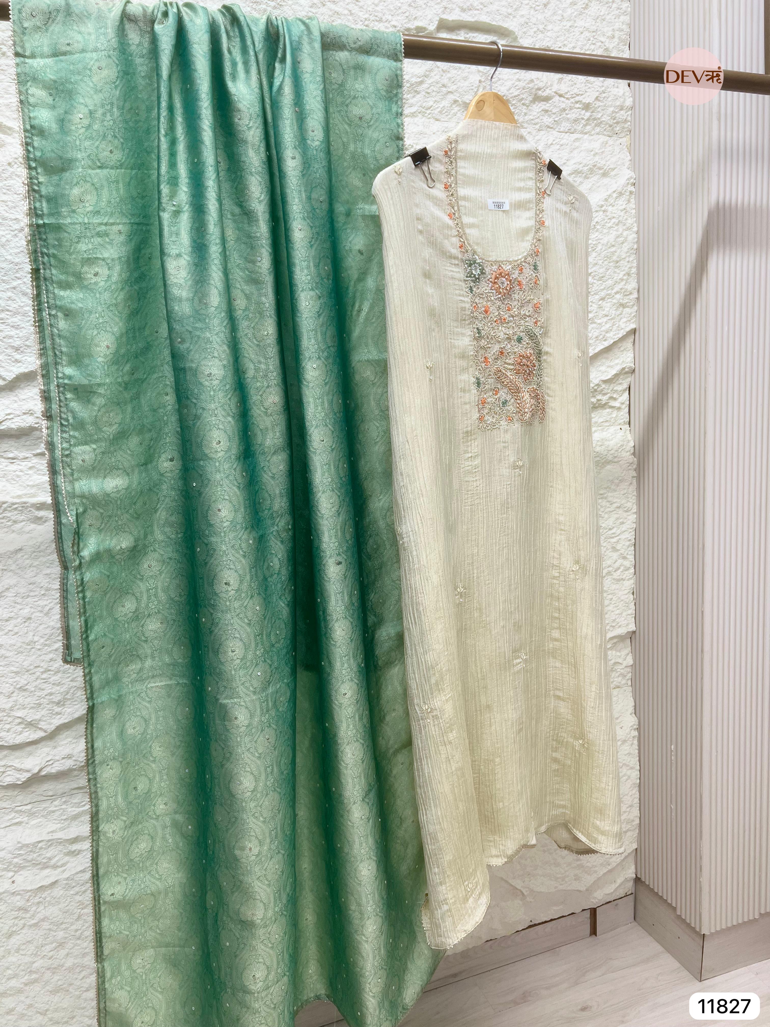 Off White Pure Tissue Crush Silk Unstitched Hand Embroidered -Set Of 3- {11827}