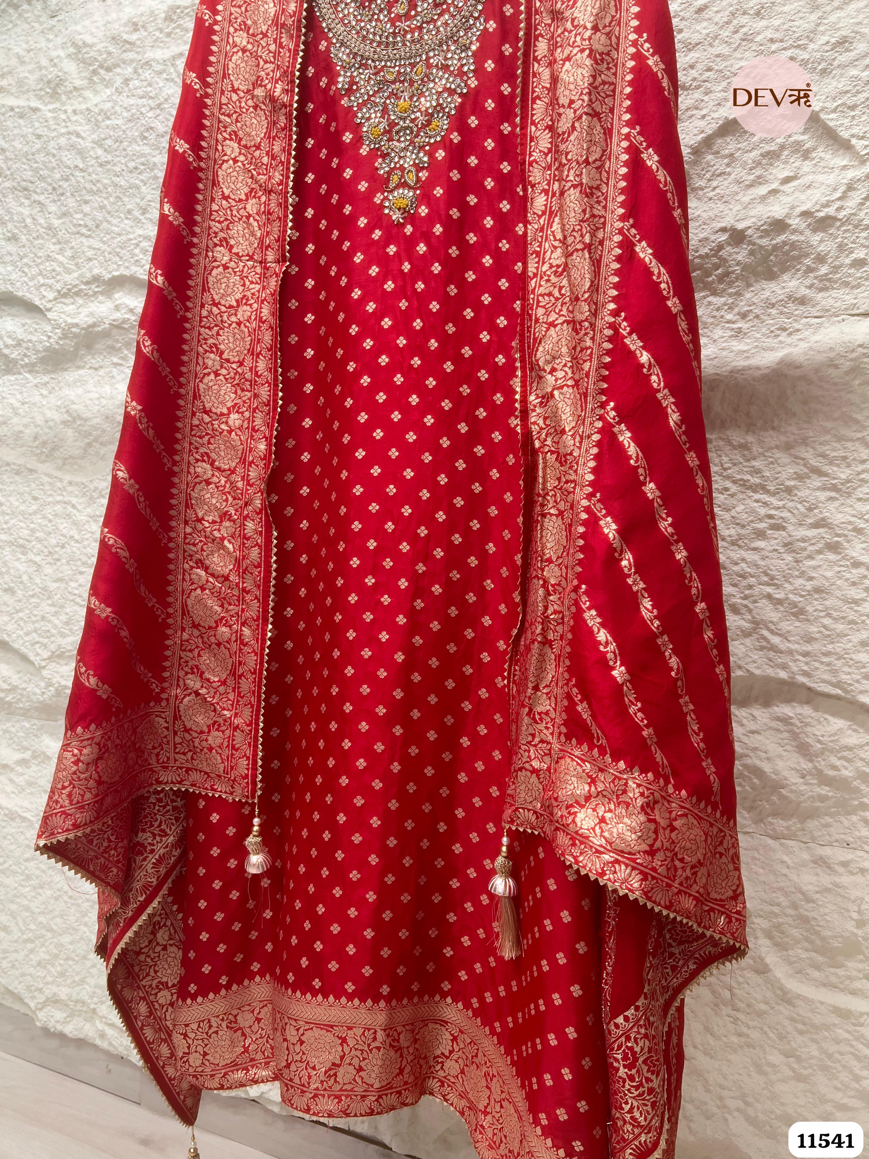 Red Pure Russian Silk Banarasi Woven Unstitched Hand Embroidered -Set Of 3