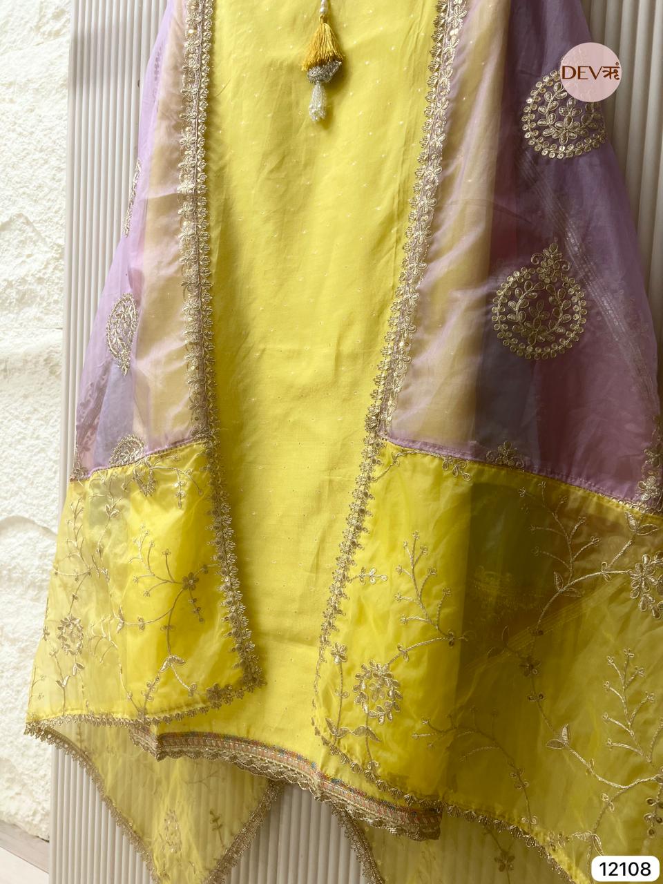 Yellow Pure Shimmer Tissue Silk Unstitched Hand Embroidered -Set Of 3 - {12108}