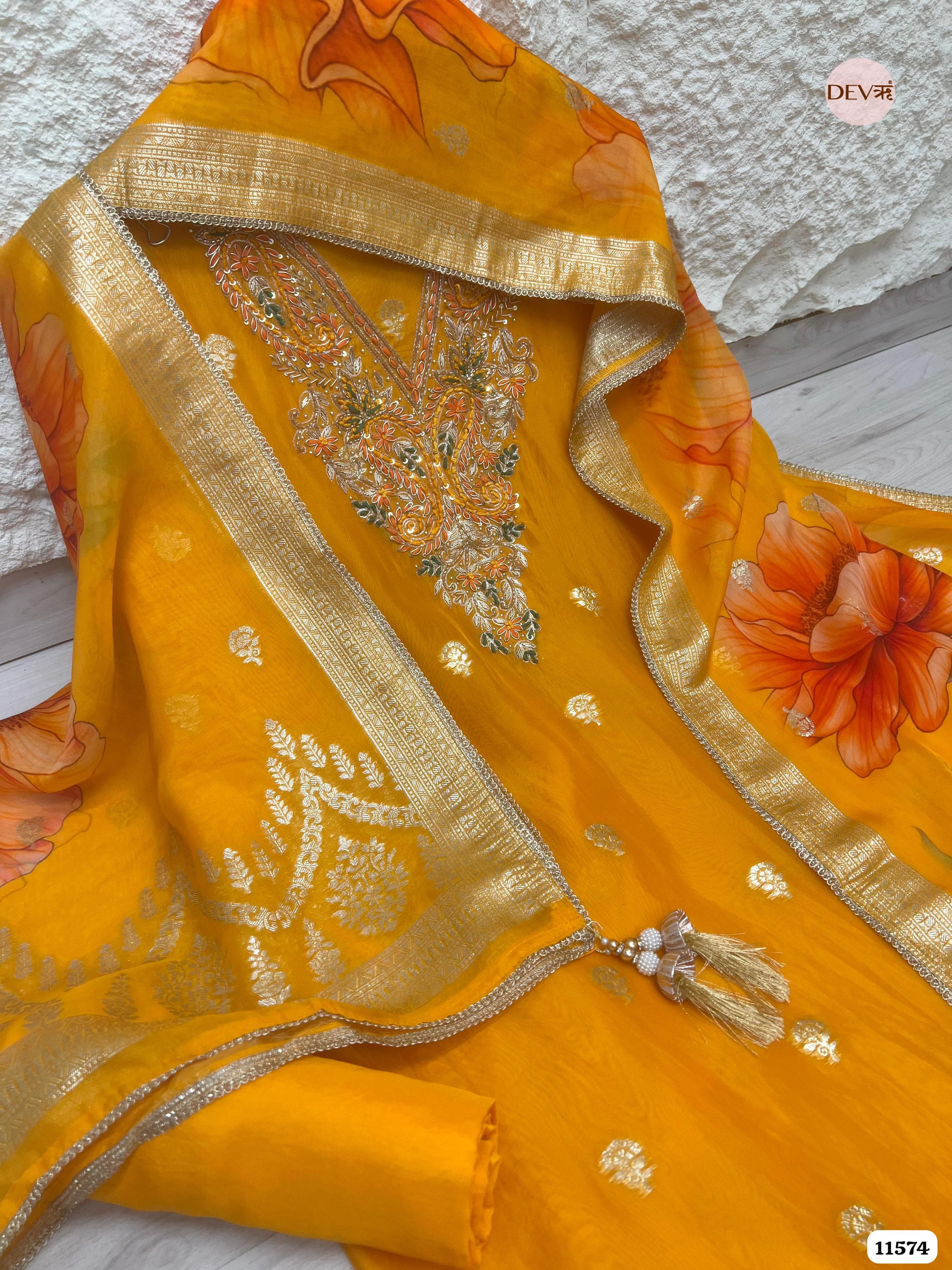 Yellow Pure Organza Silk Unstitched Banarasi Woven Hand Embroidered -Set Of 3 {11574}