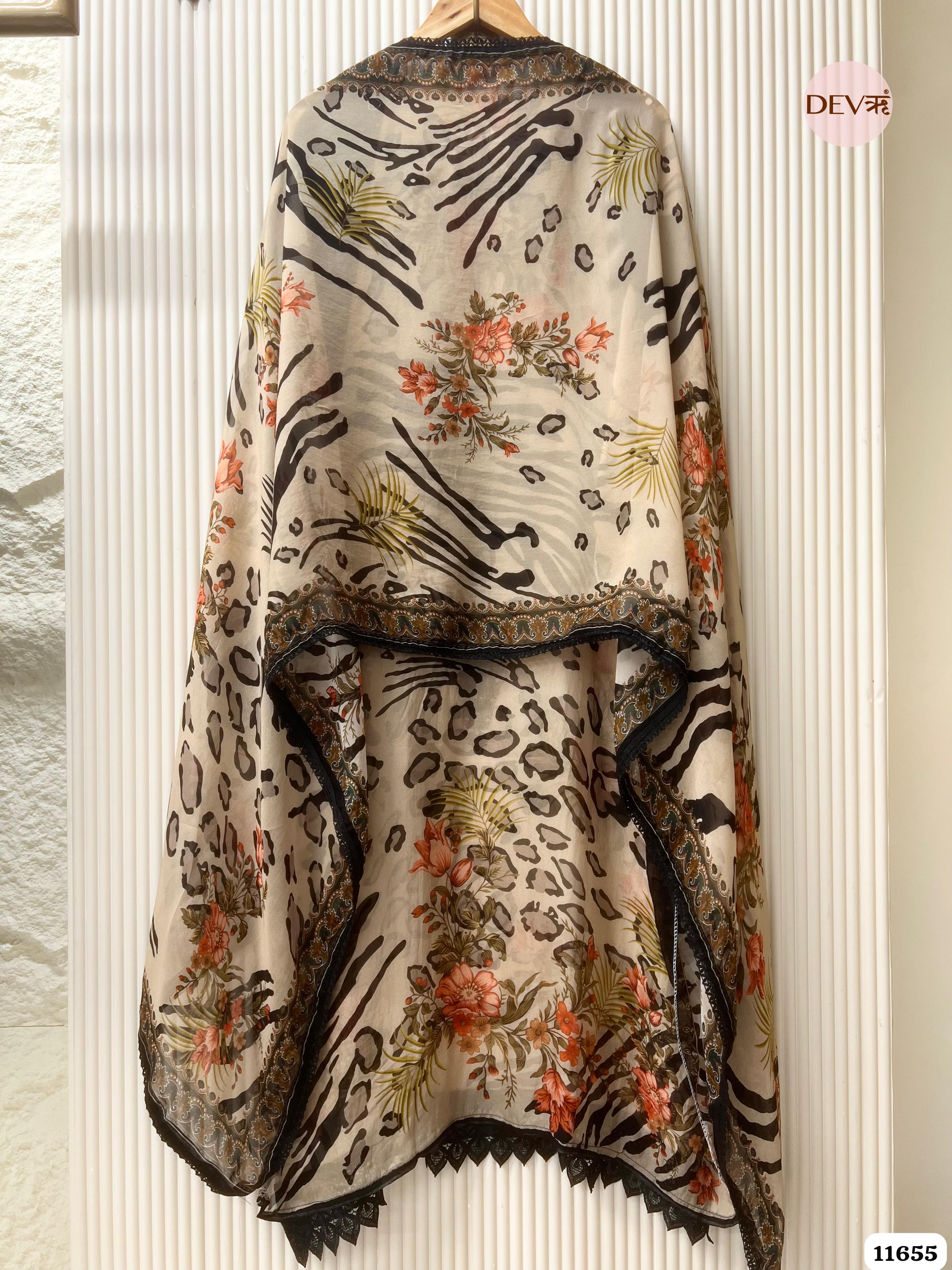 Beige Organza Printed Semi Stitched Hand Embroidered -Set Of 3 {11655}