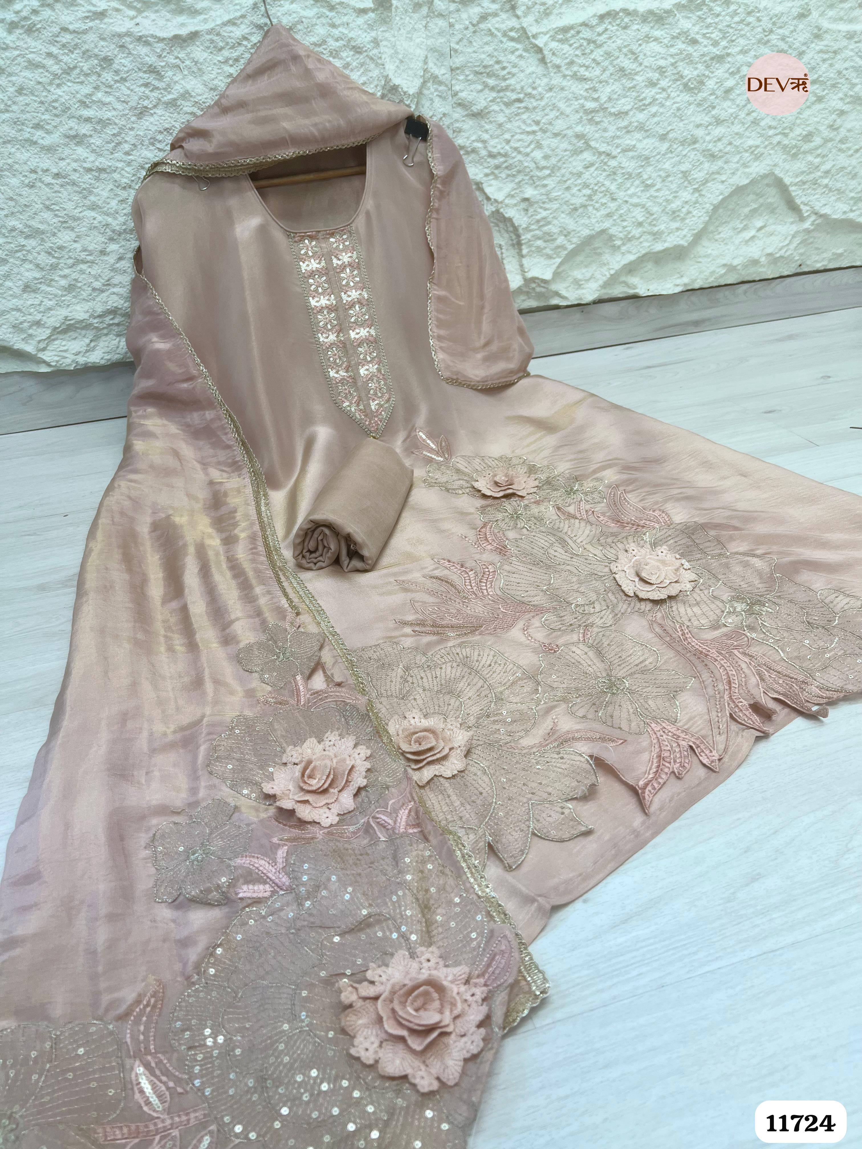 Beige Tissue Shimmer Silk Unstitched Embroidered -Set Of 3- {11724}