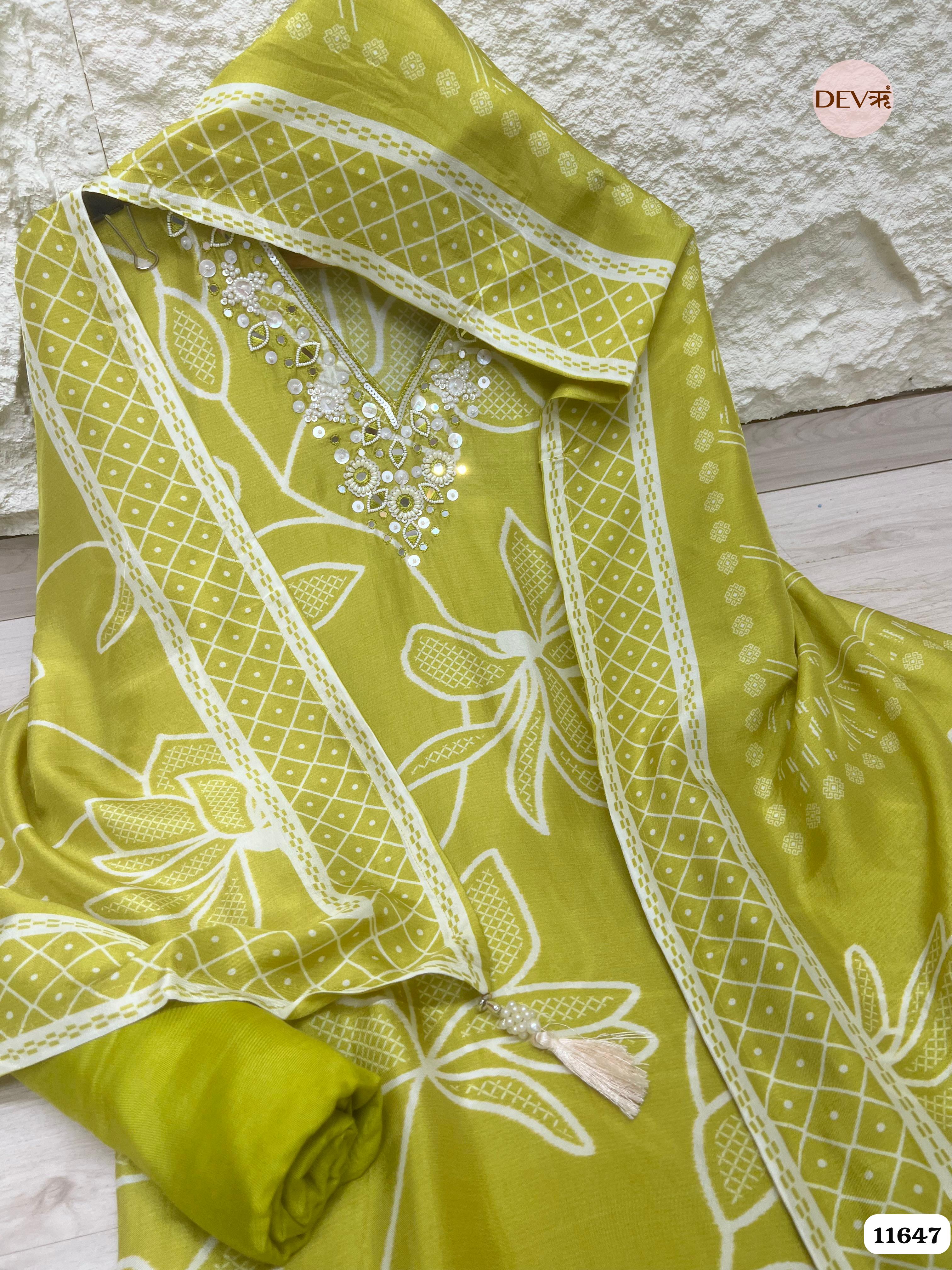 Green Russian Silk Printed Unstitched Hand Embroidered -Set Of 3 {11647}