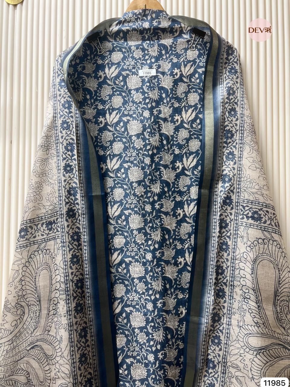 Blue Pure Tusser Silk Printed Unstitched 3-Piece Suit (Devri – D.No 11985)