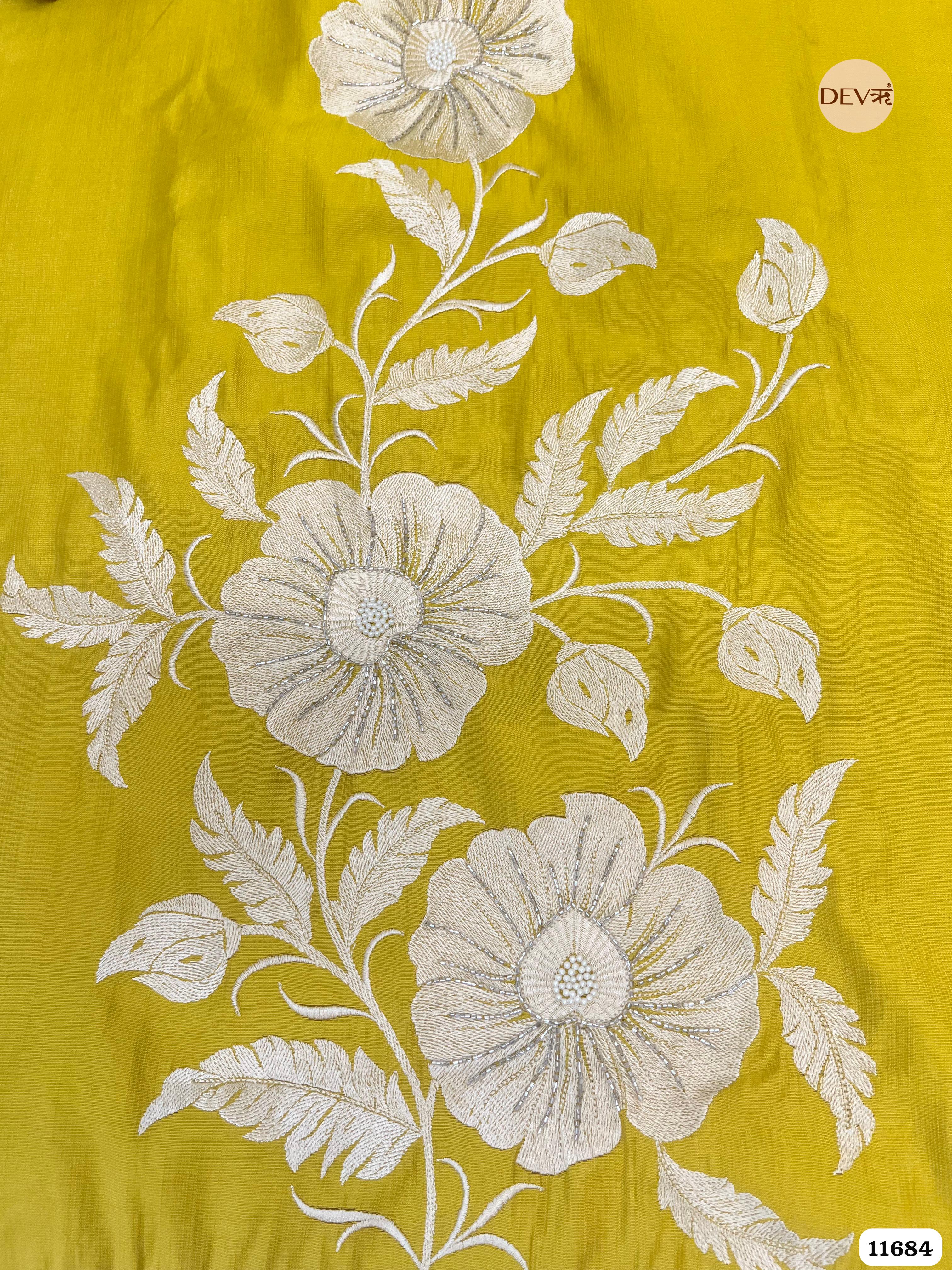 Lime Green Mul Chanderi Unstitched Embroidered -Set Of 3 {11684}