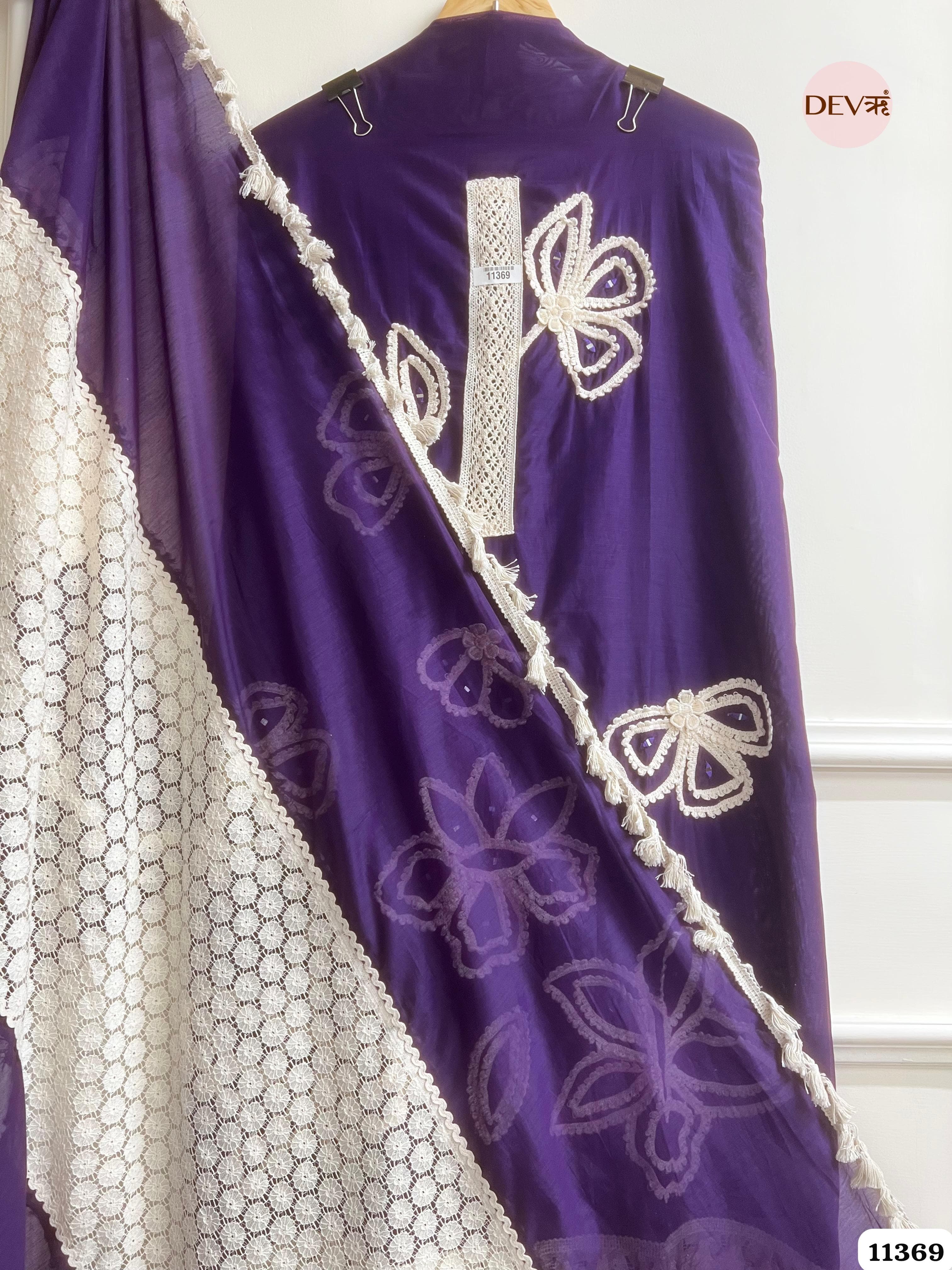 Purple Mul Chanderi Unstitched Hand Embroidered -Set Of 3 {11369}