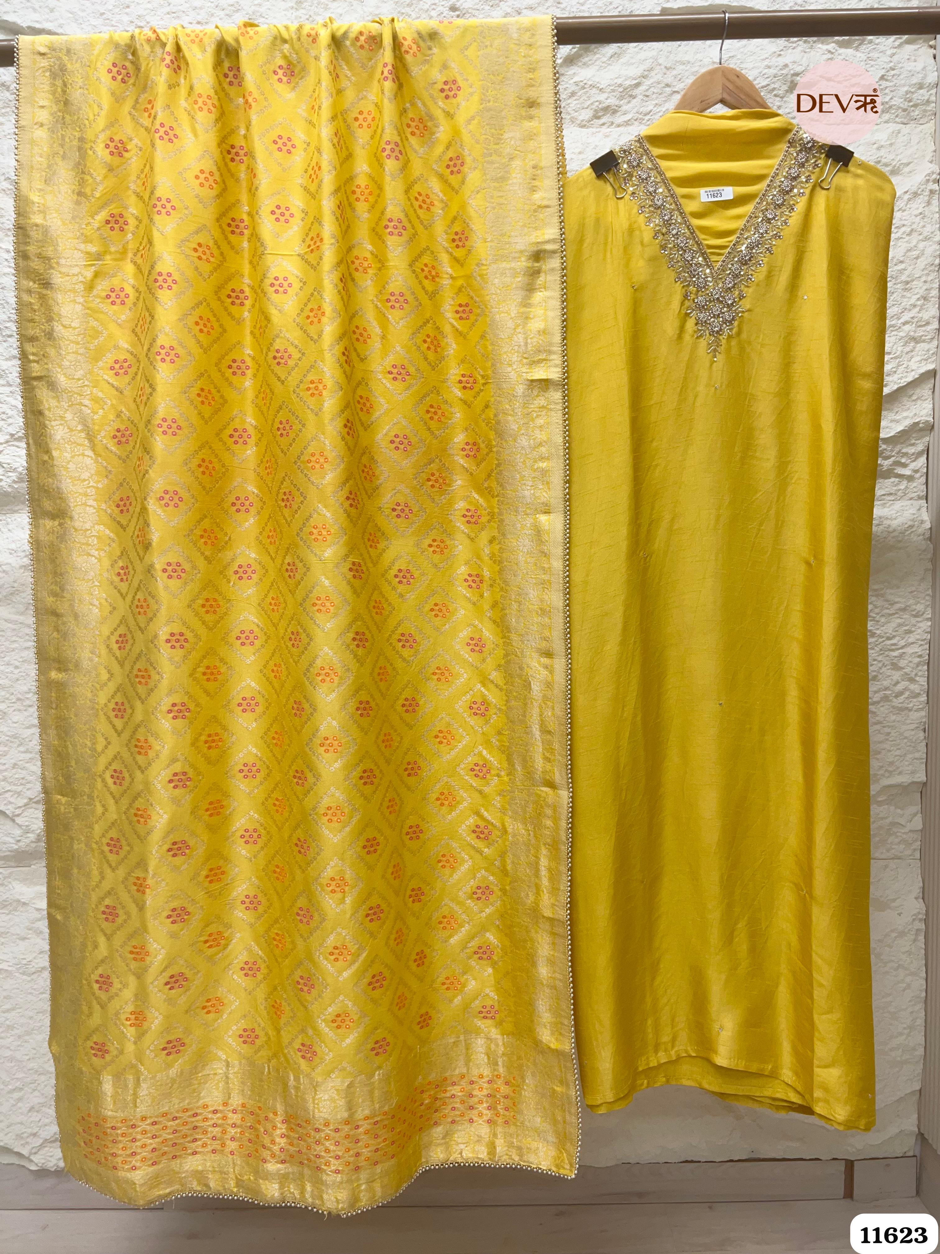 Yellow Pure Russian silk Unstitched Hand Embroidered -Set Of 3 {11623}