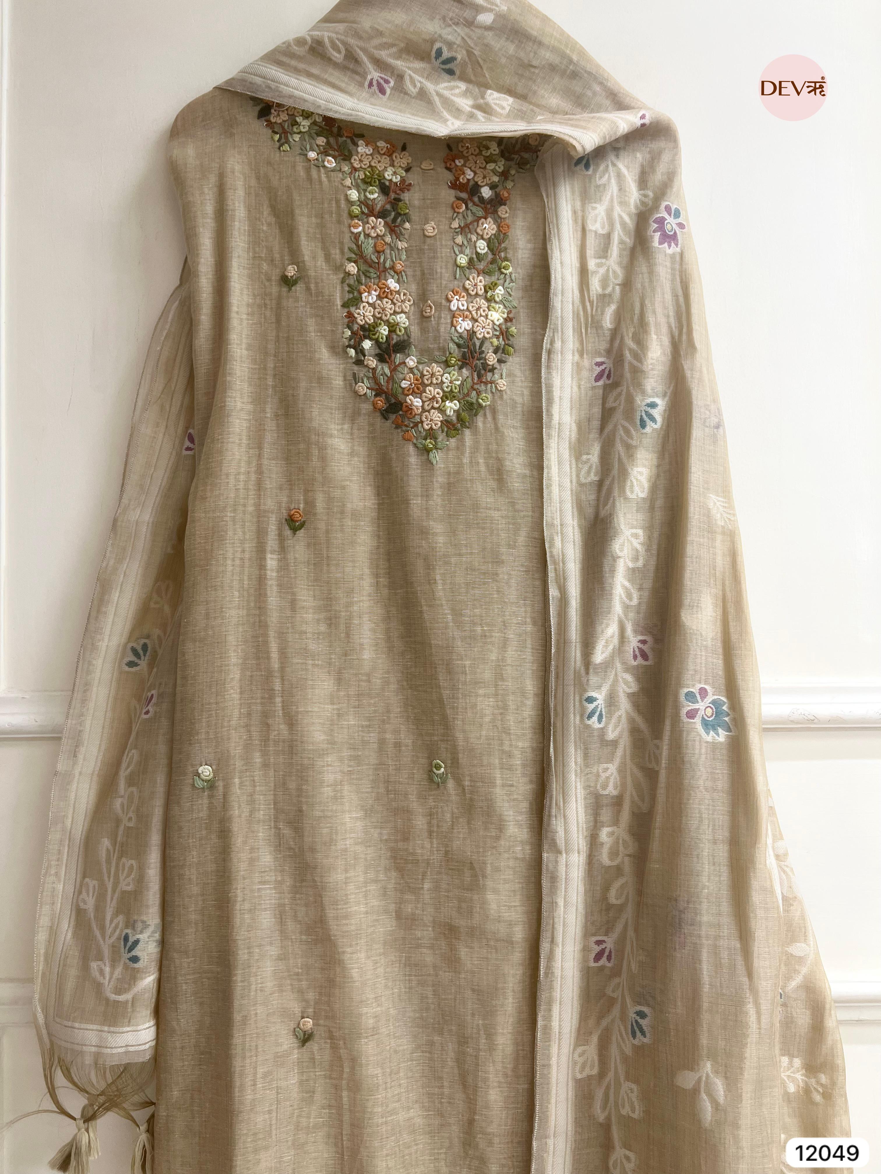 Beige Pure Khadi Unstitched Embroidered -Set Of 3 - {12049}