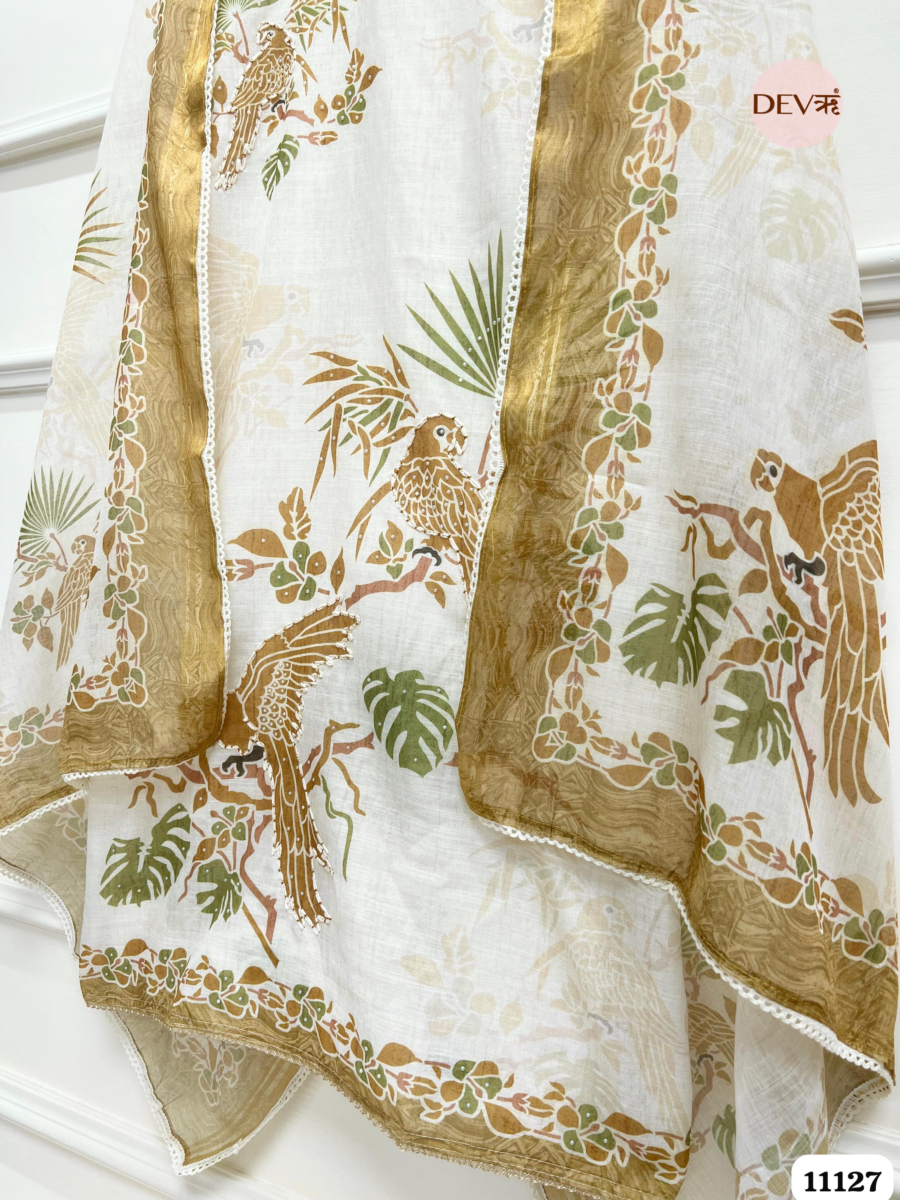 White Linen Unstitched Printed Embroidered -Set Of 3 {11127}