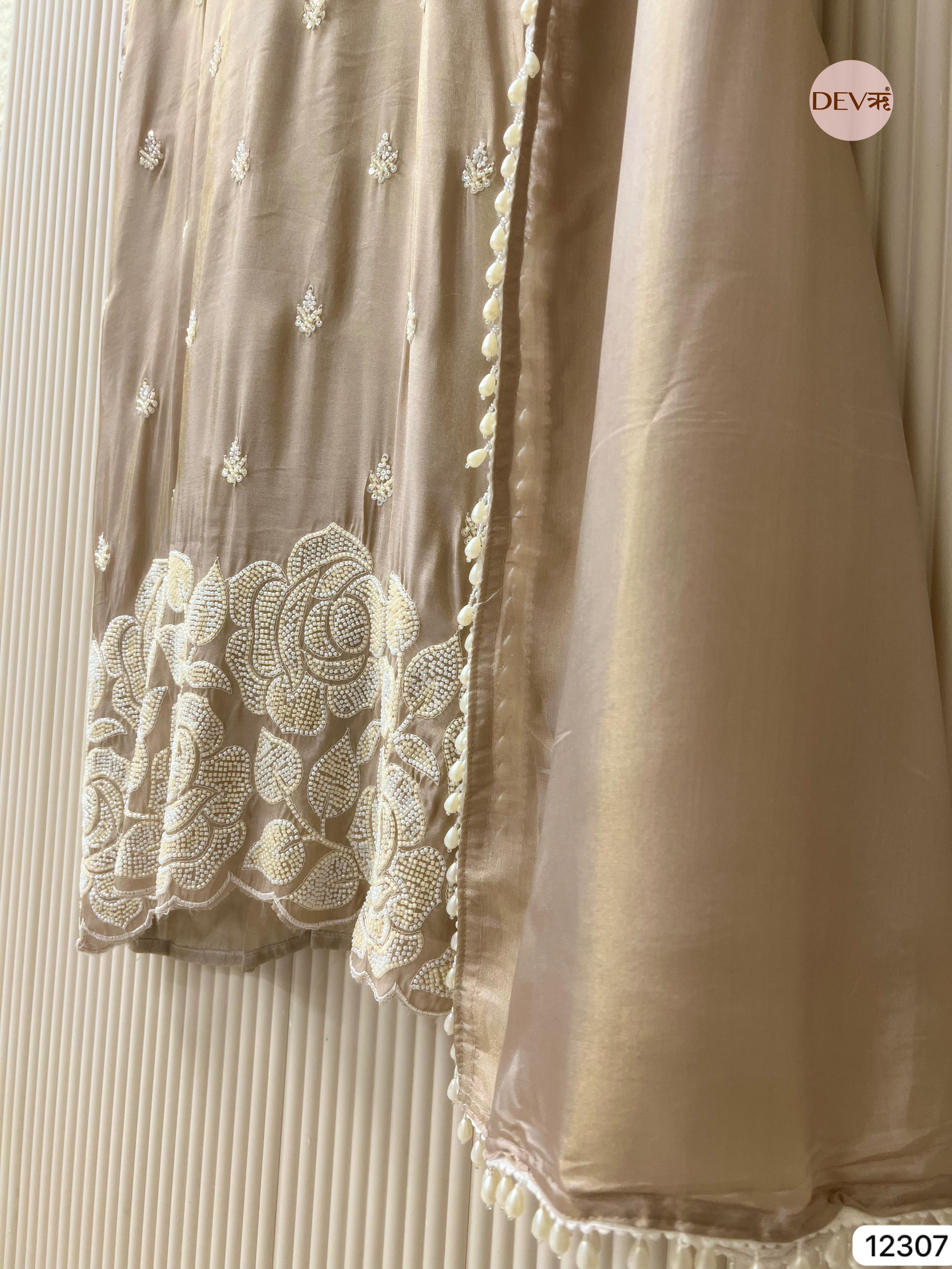 Ivory Beige Shimmer Silk Embroidered Unstitched 3-Piece Suit (Devri – D.No 12307)