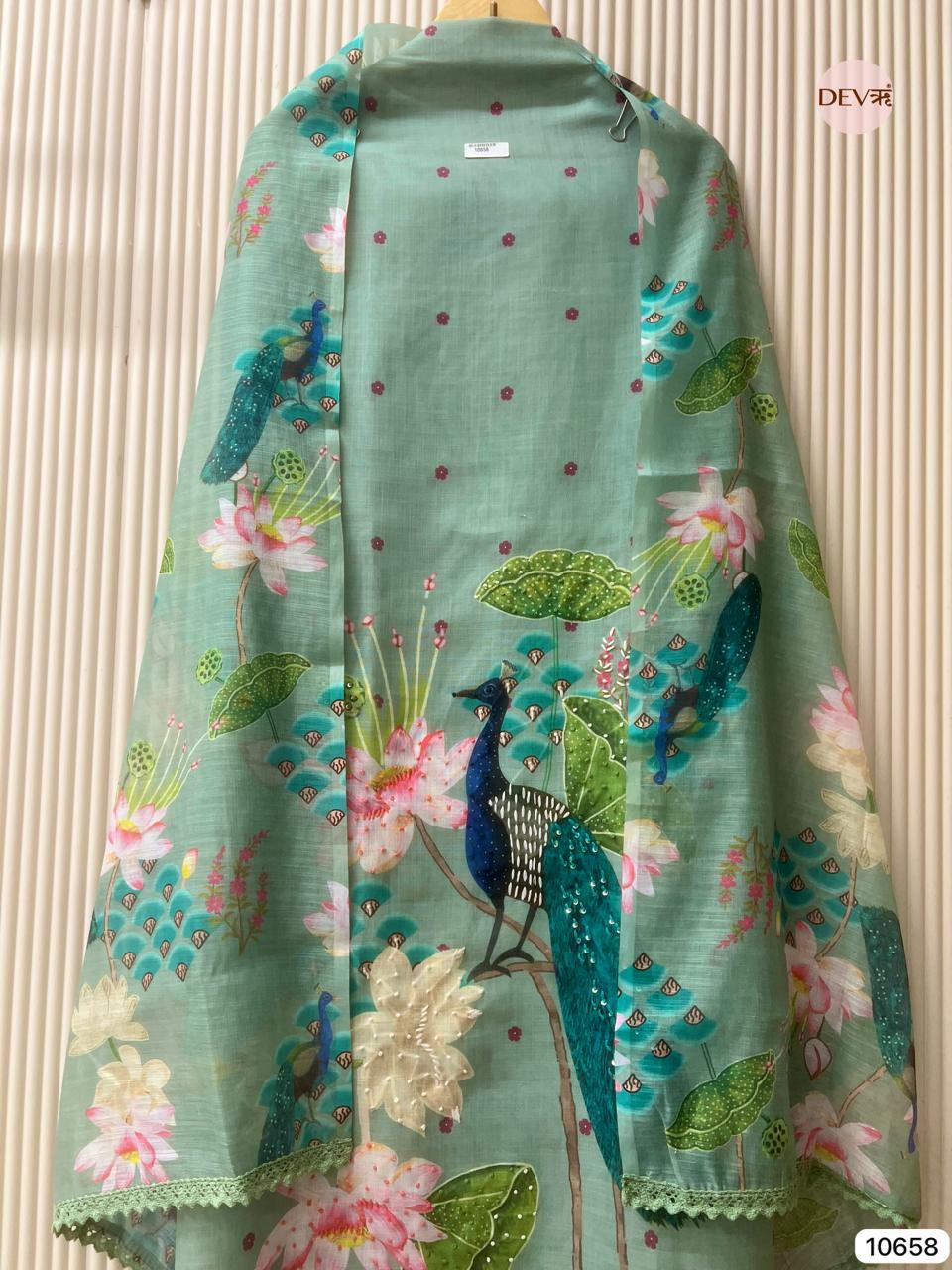 Sea Green Linen Printed Unstitched 3-Piece Suit (Devri – D.No 10658)
