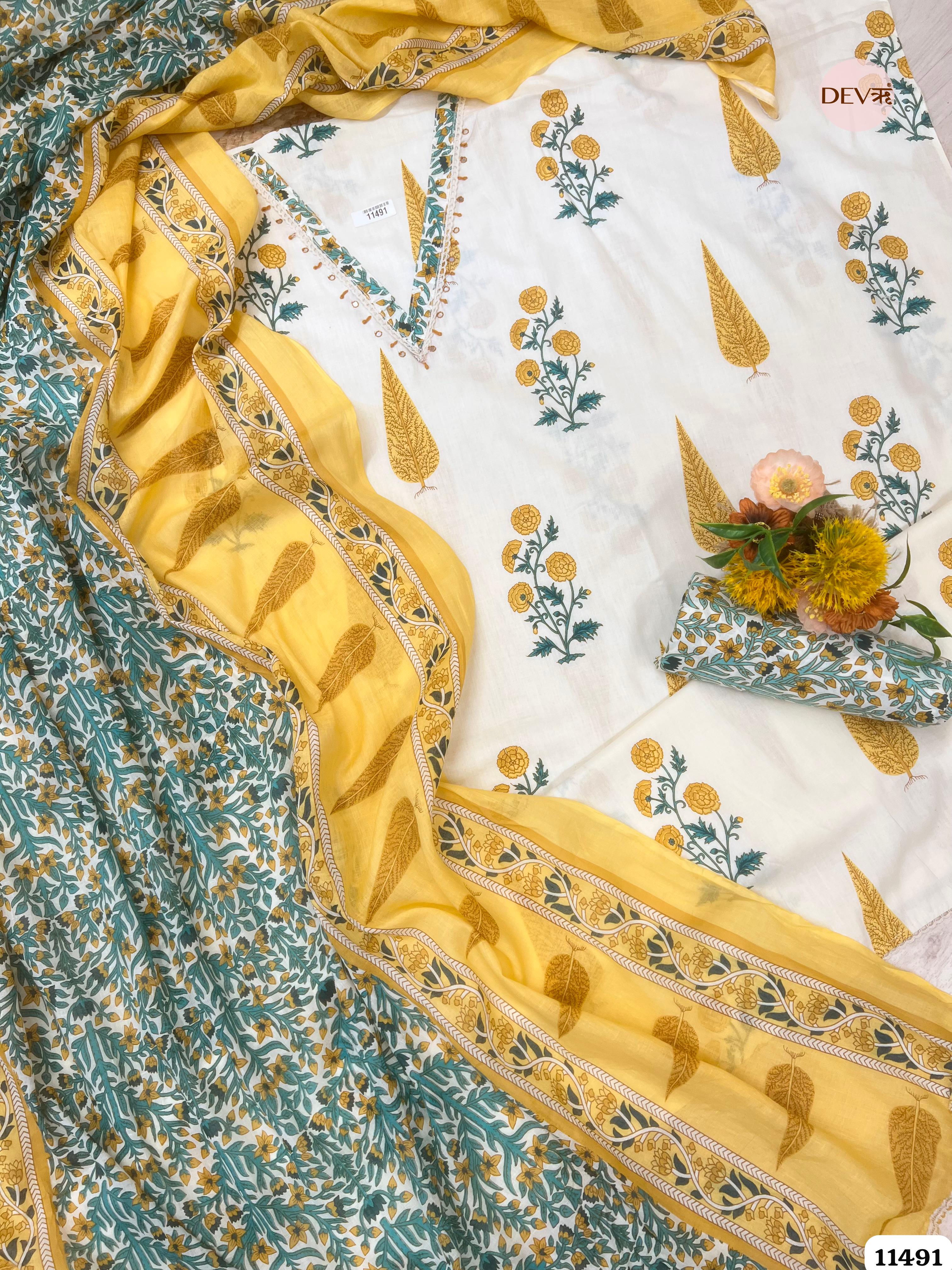 Yellow Pure Cotton unstitched Printed Embroidered -Set Of 3 {11491}