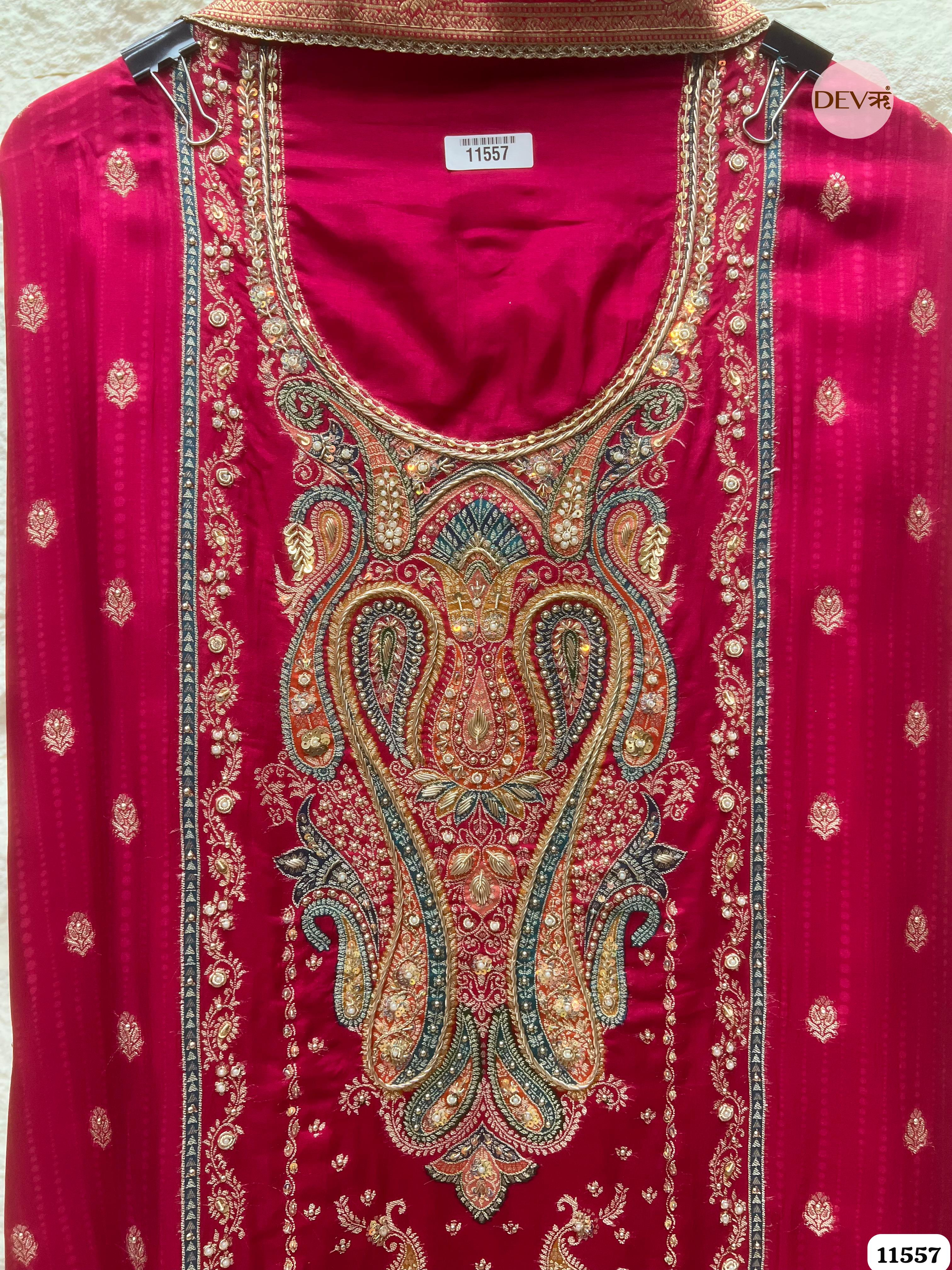 Rani Pink Pure Dola Silk Unstitched Hand Embroidered Banarasi Weave -Set Of 3 {11557}
