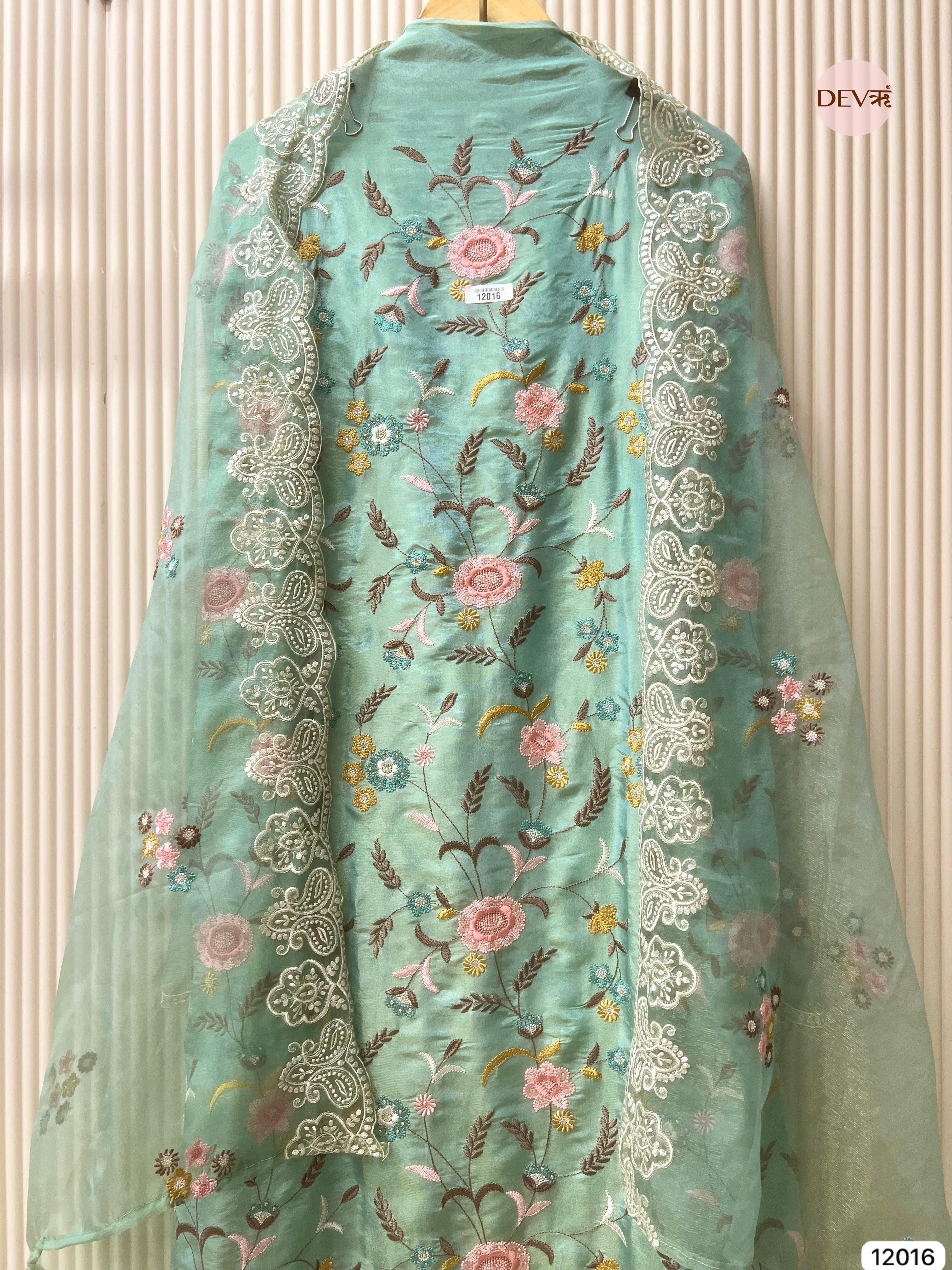 Blue Shimmer Tissue Silk Unstitched Embroidered -Set Of 3 - {12016}