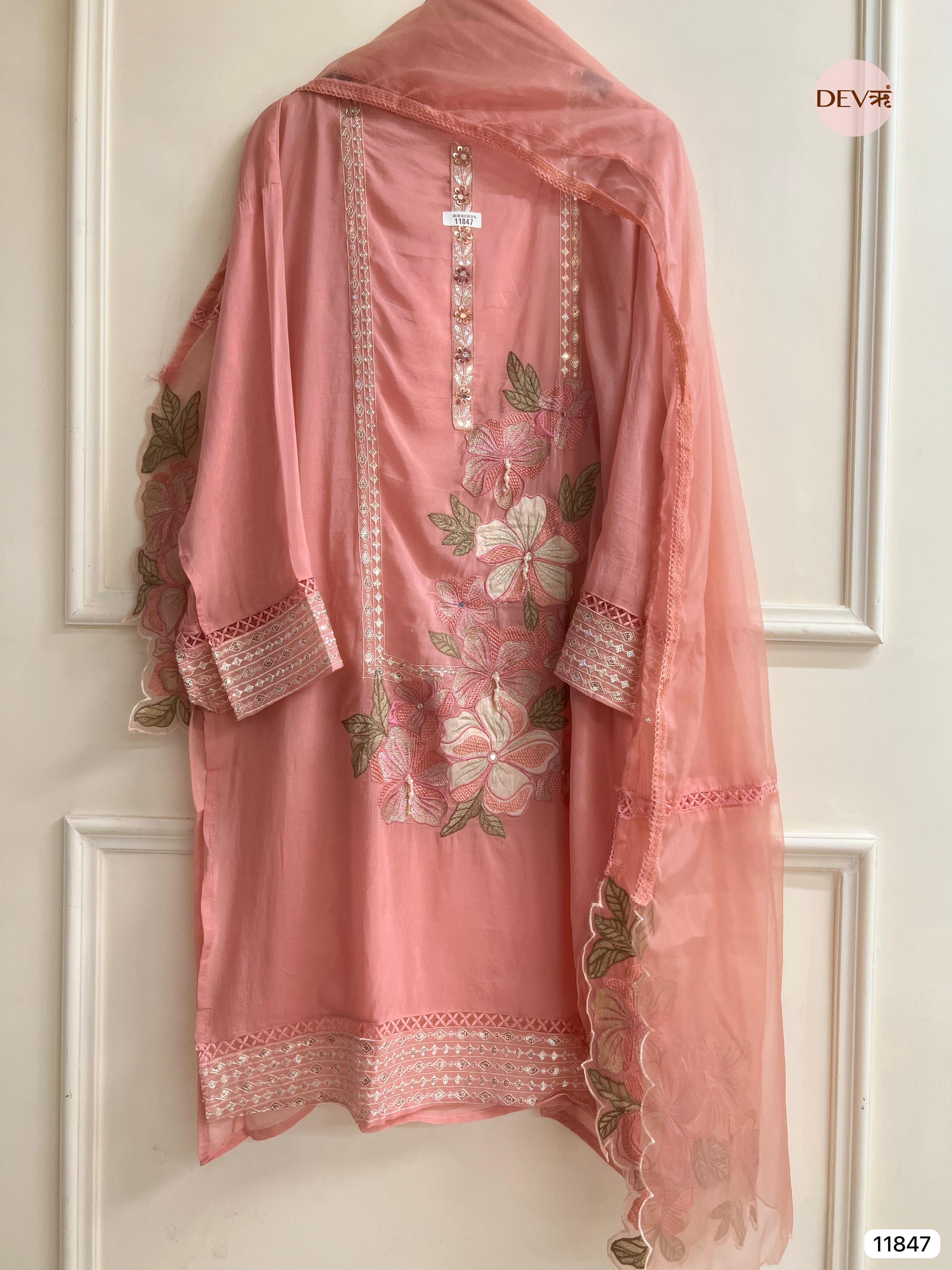 Light Pink Organza Semi Stitched Embroidered -Set Of 3- {11847}