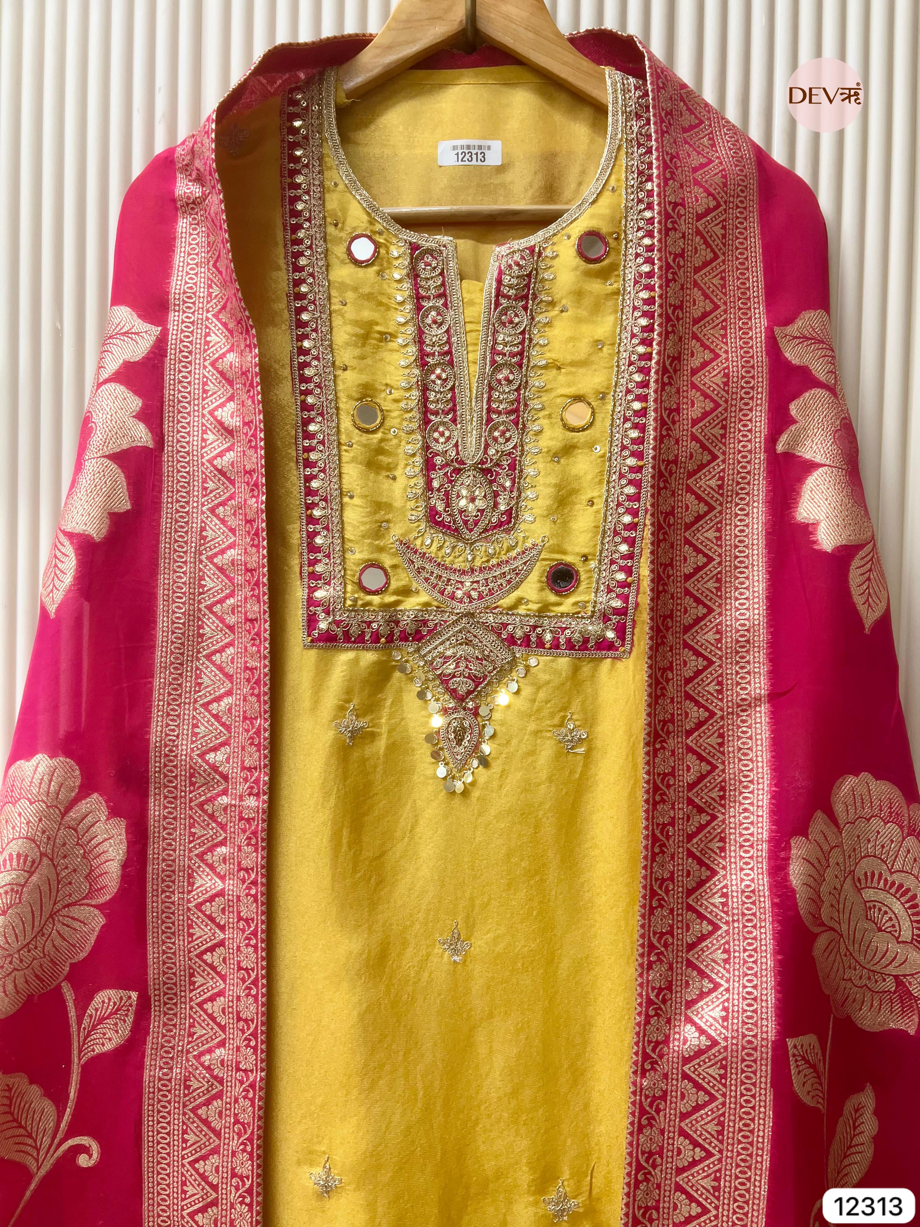 Mustard Yellow Shimmer Silk Embroidered Unstitched 3-Piece Suit (Devri – D.No 12313)