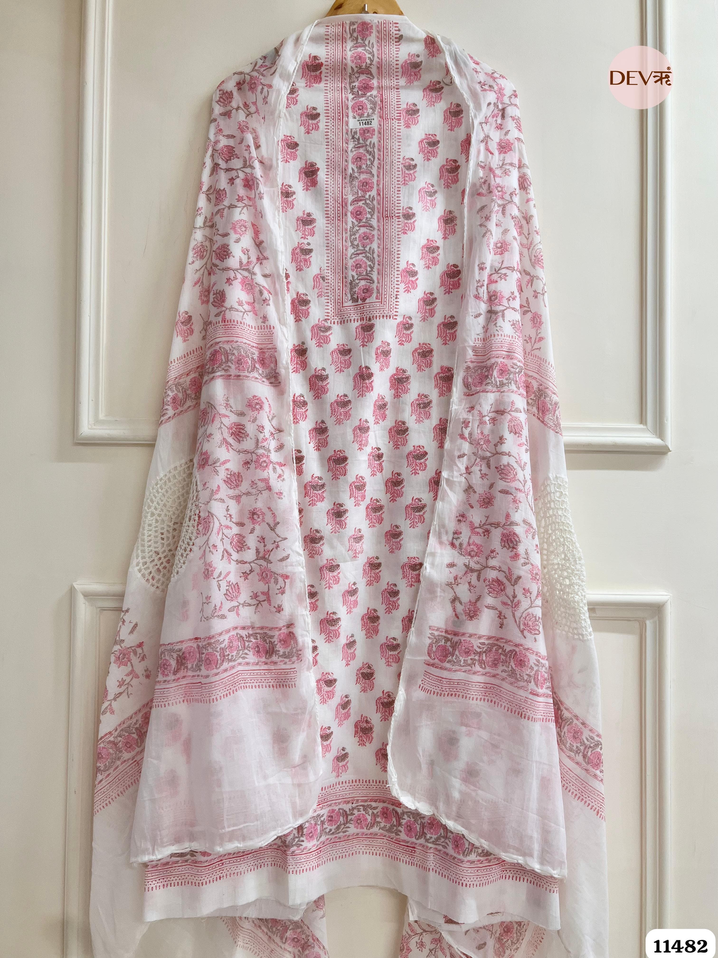 White & Pink Pure Cotton Printed Unstitched Embroidered -Set Of 3 {11482}