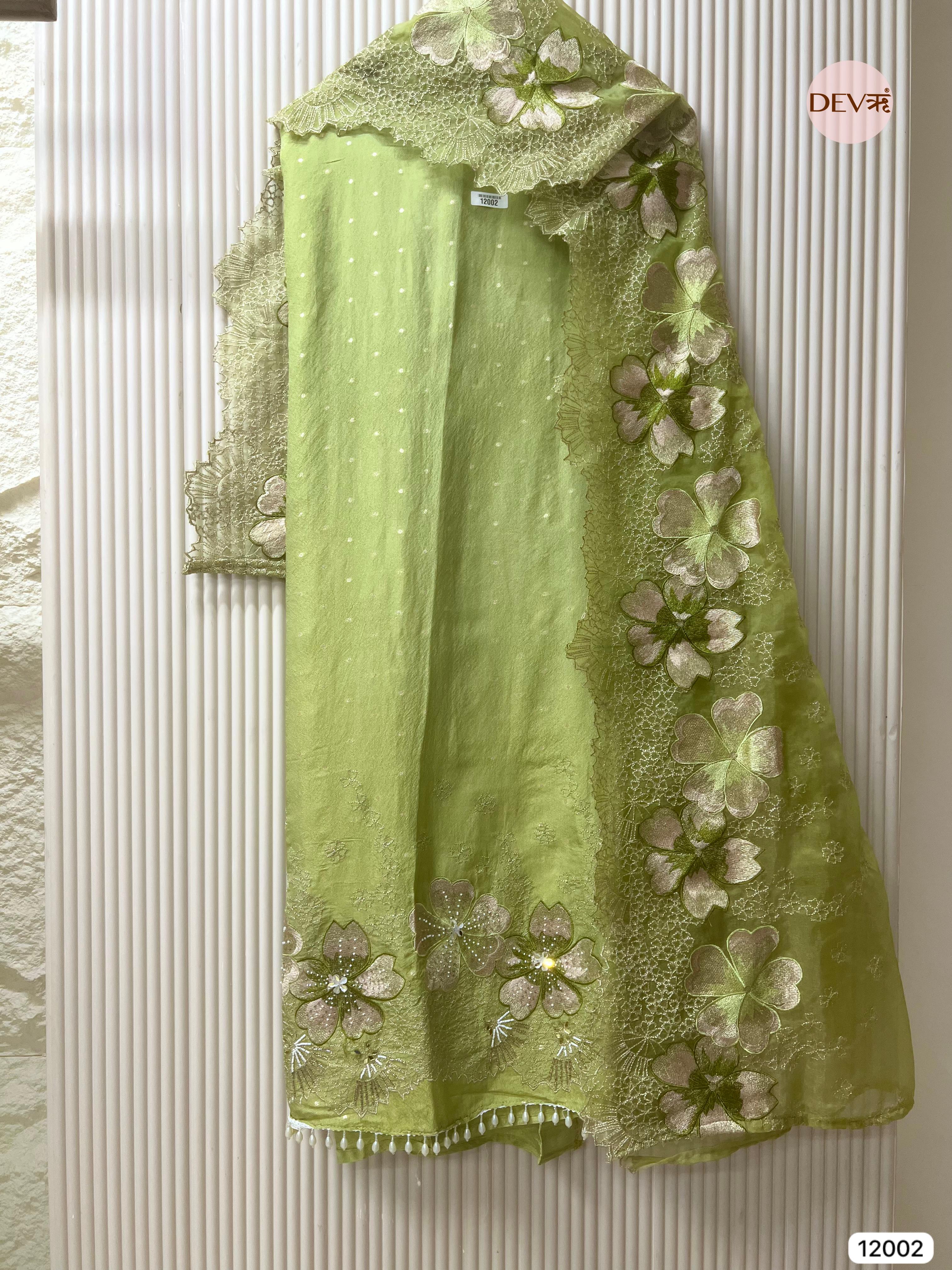 Green Tissue Shimmer Silk Unstitched Embroidered -Set Of 3 - {12002}