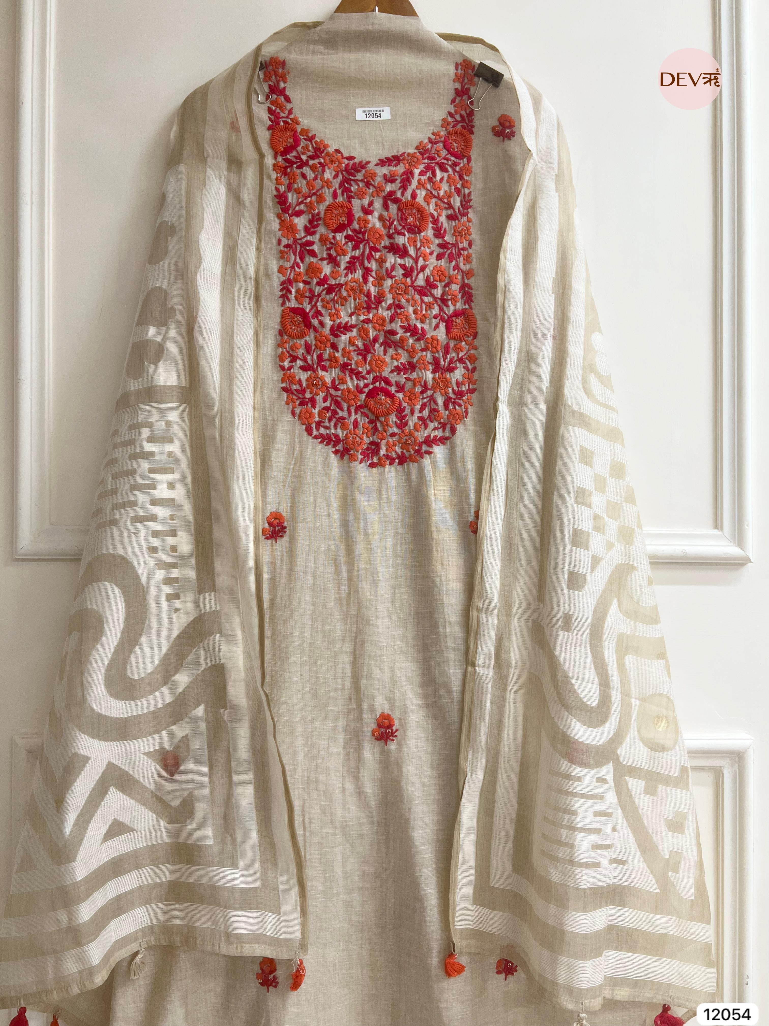 Cream Colour Pure Khadi Silk Unstitched Embroidered -Set Of 3 - {12054}