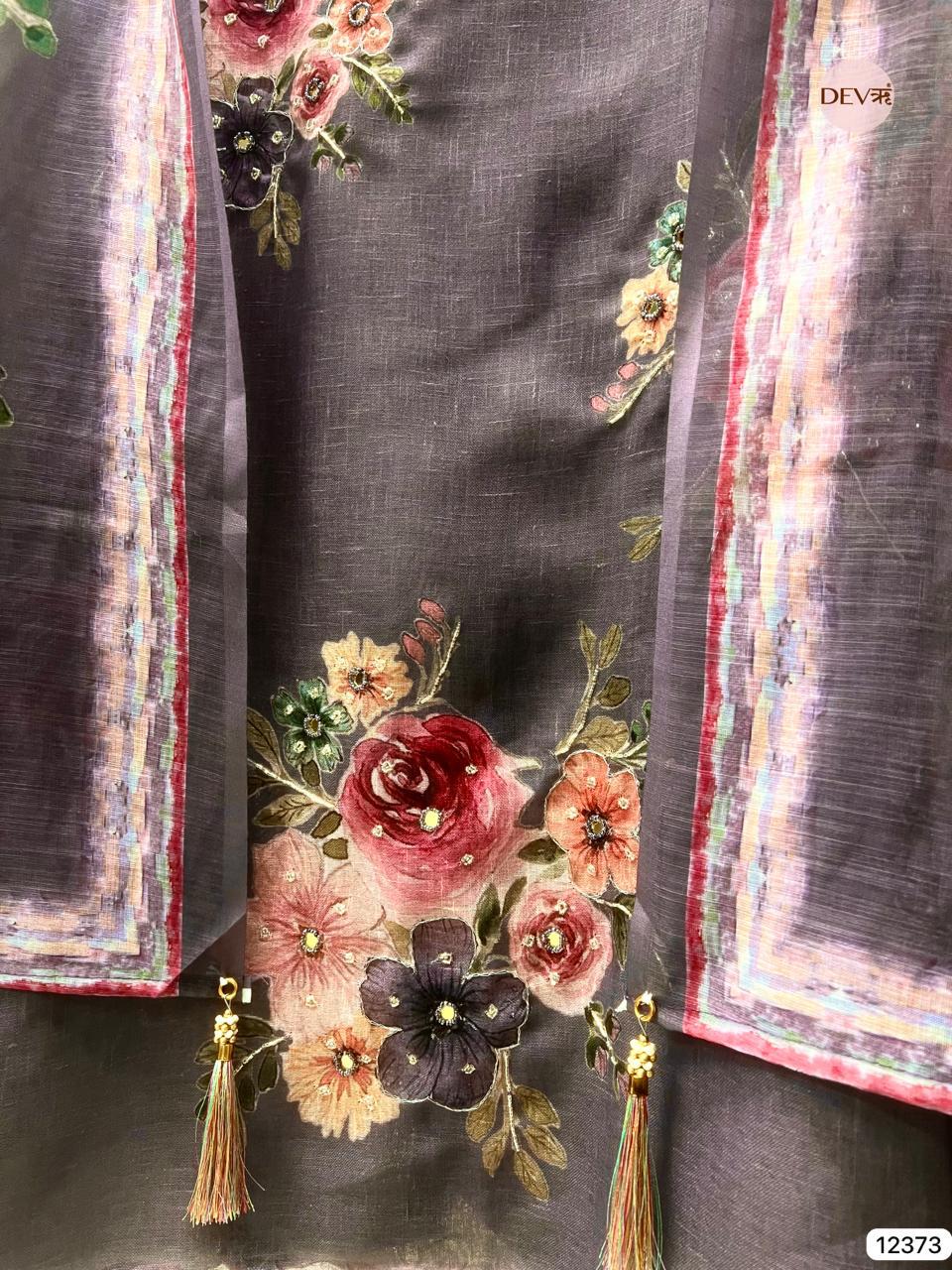 Plum Grey Linen Printed Unstitched 3-Piece Suit (Devri – D.No 12373)