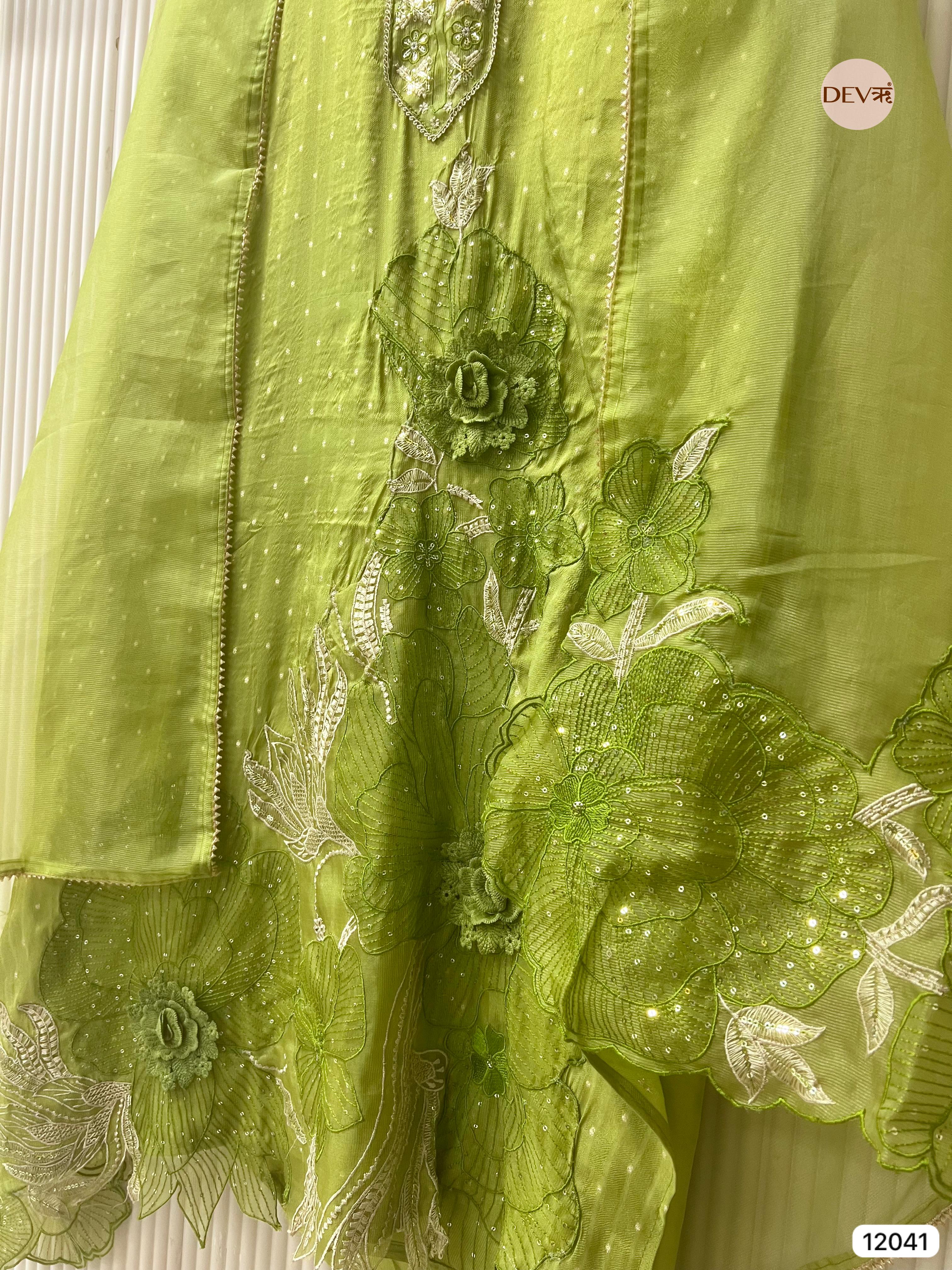 Green Tissue Shimmer Silk Unstitched Embroidered -Set Of 3 - {12041}