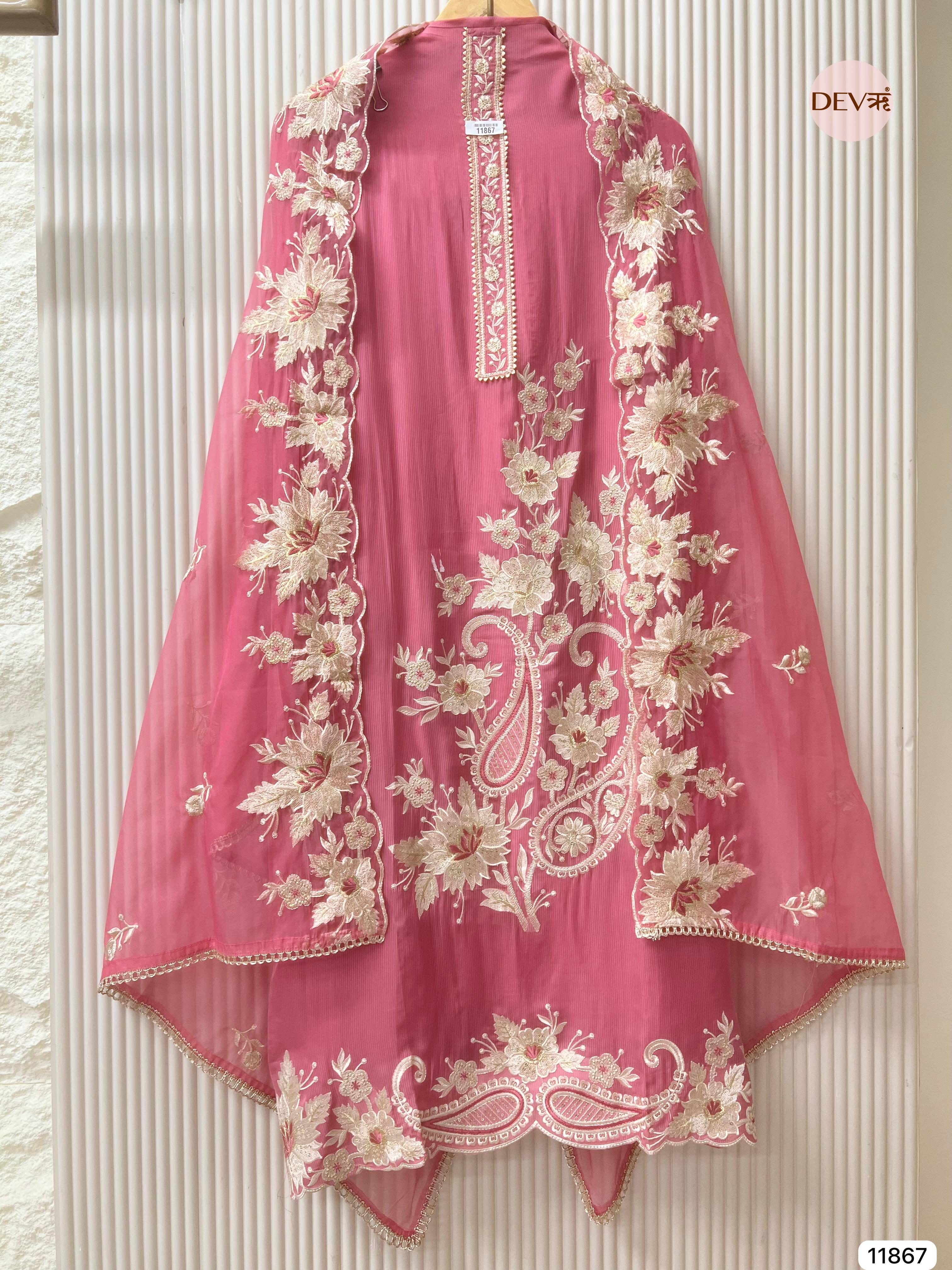 Pink Tissue Silk Unstitched Embroidered -Set Of 3- {11867}