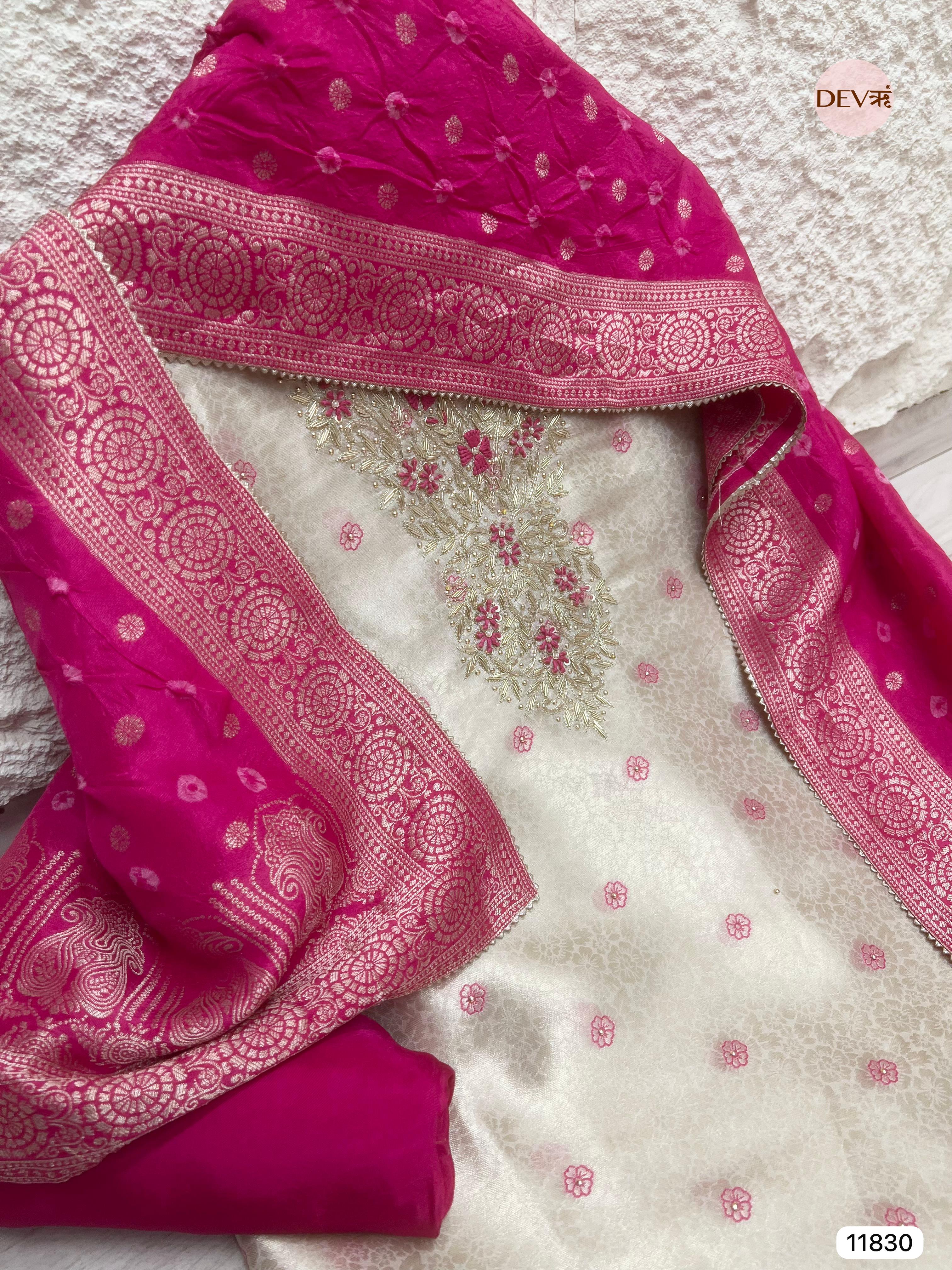 Off white Pure Tissue Shimmer Silk Unstitched Hand Embroidered -Set Of 3 - {11830}