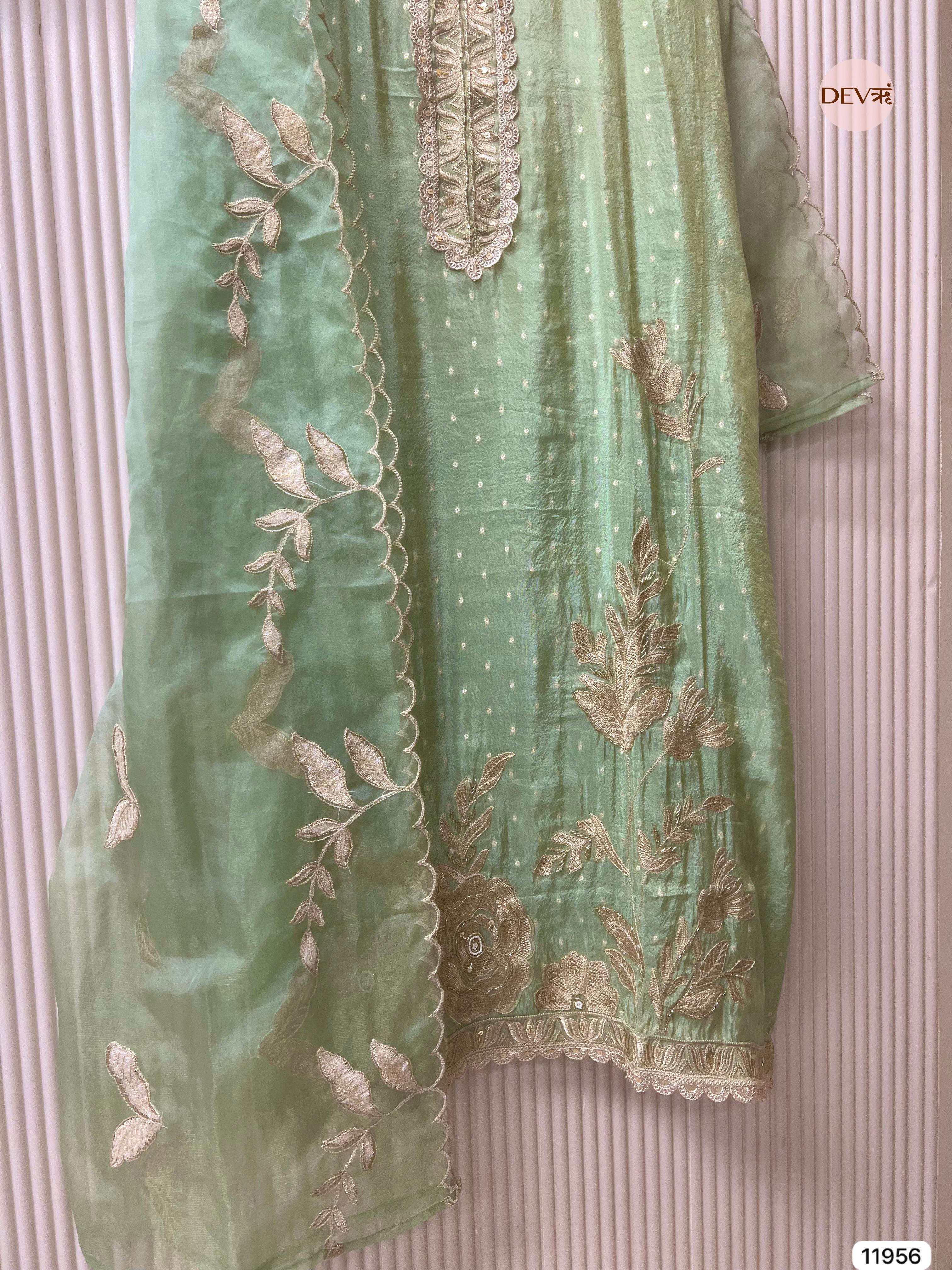 Green Tissue Silk Unstitched Banarasi Weave Embroidered -Set Of 3 - {11956}