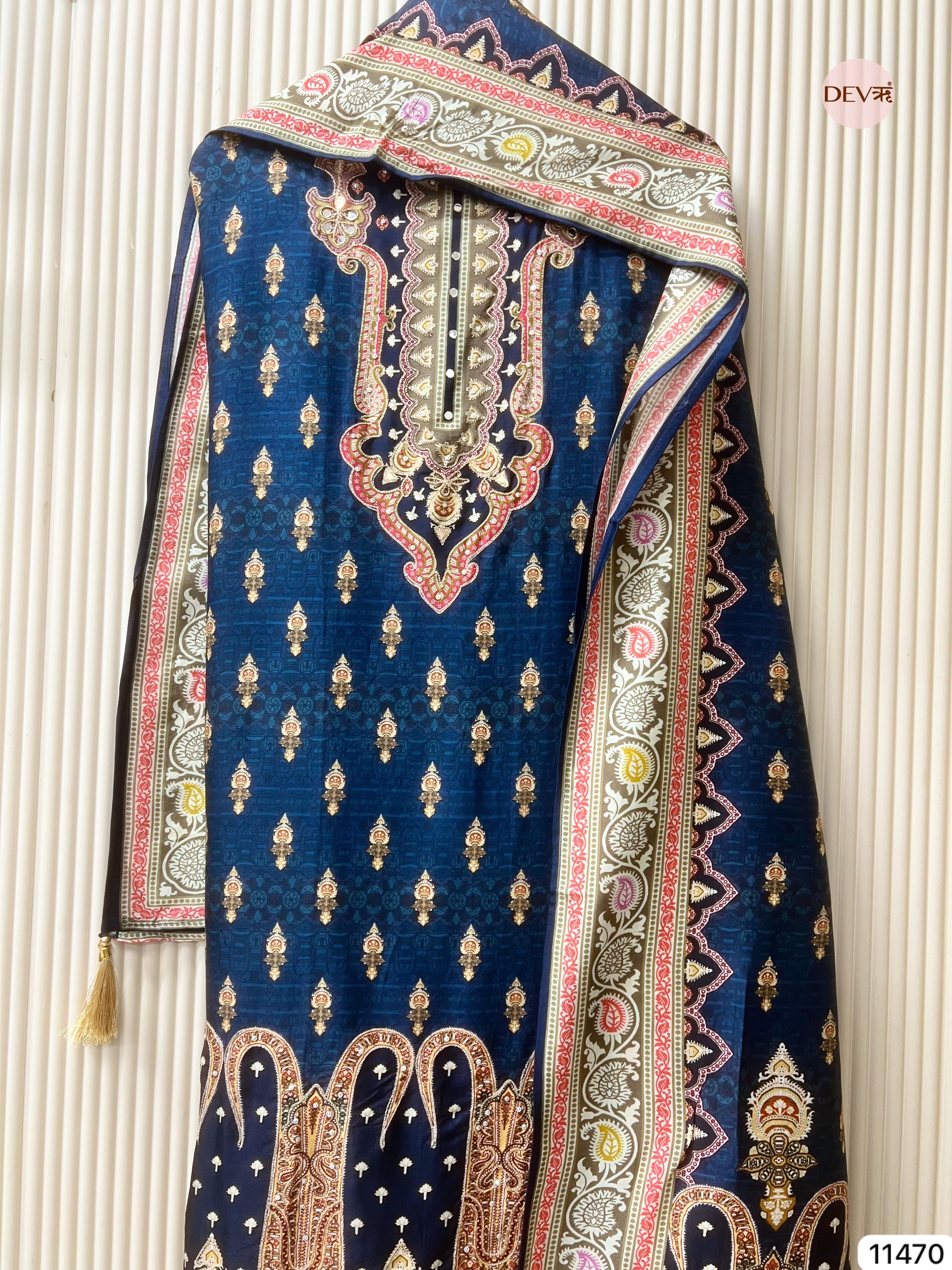 Deep Navy Russian Silk Printed Unstitched 3-Piece Suit (Devri – D.No 11470)