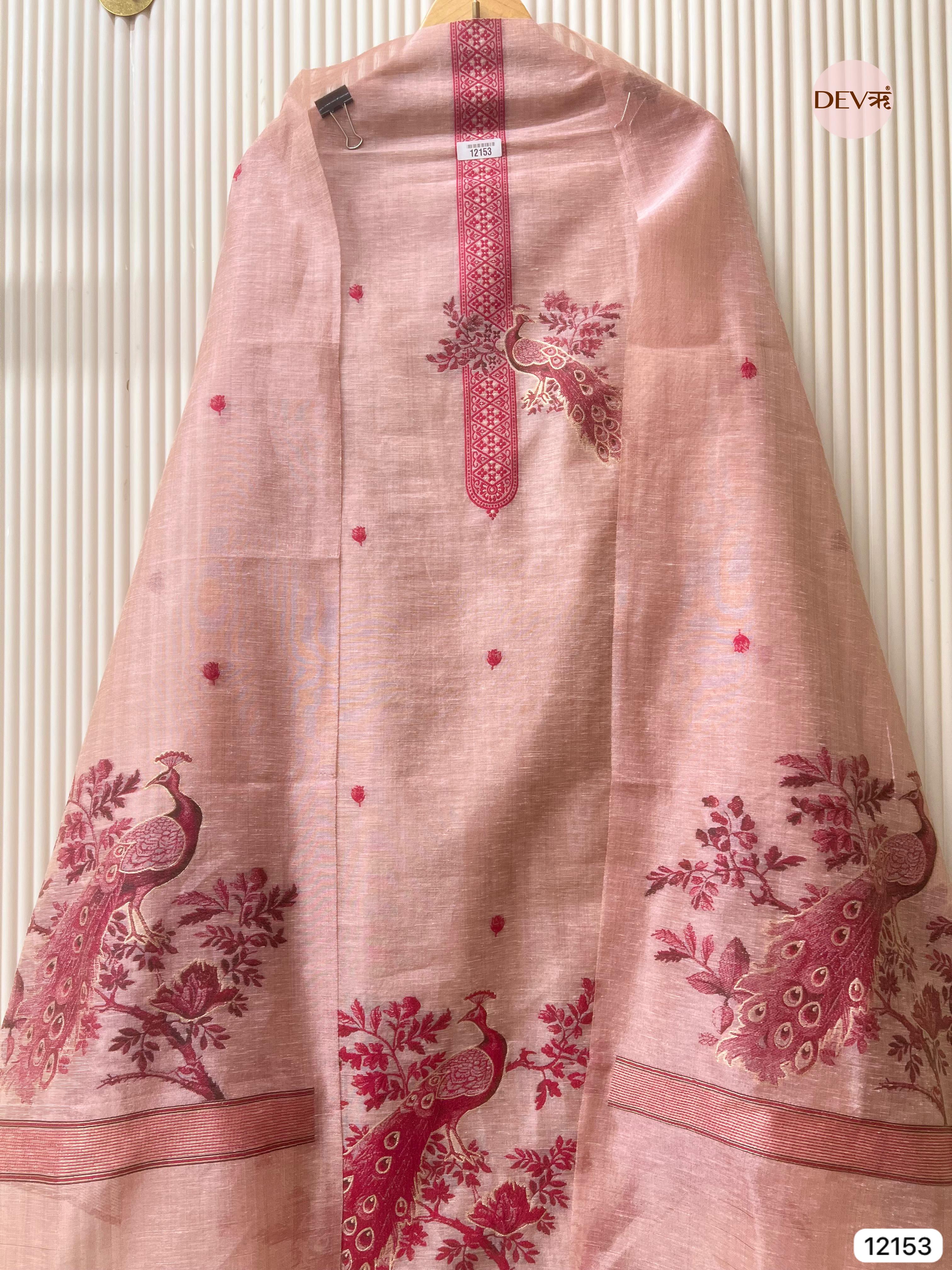 {12153} Peach Pure Jamdani Linen Unstitched - Set Of 3