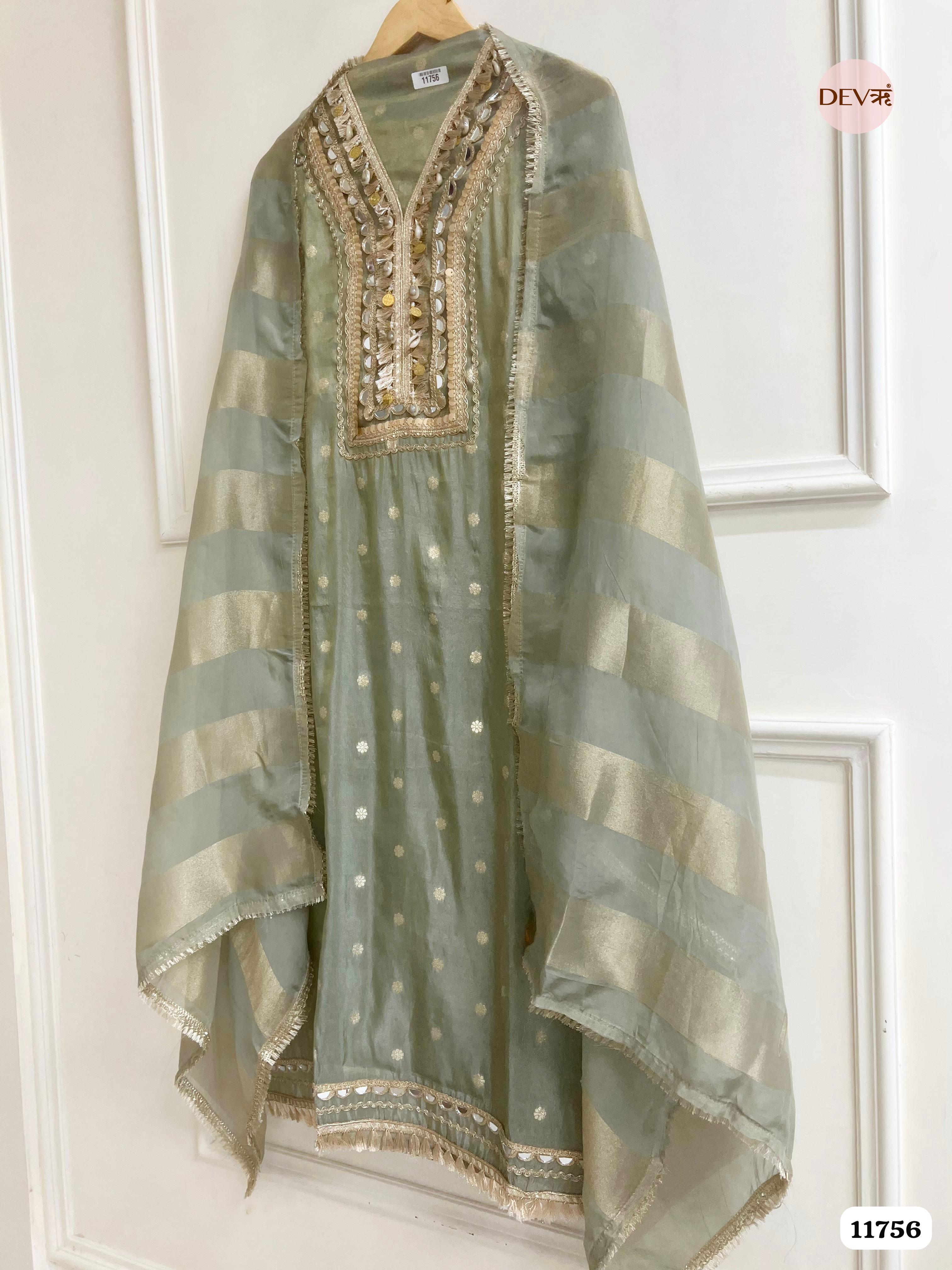 Green Tissue Silk Unstitched Hand Embroidered -Set Of 3 {11756}