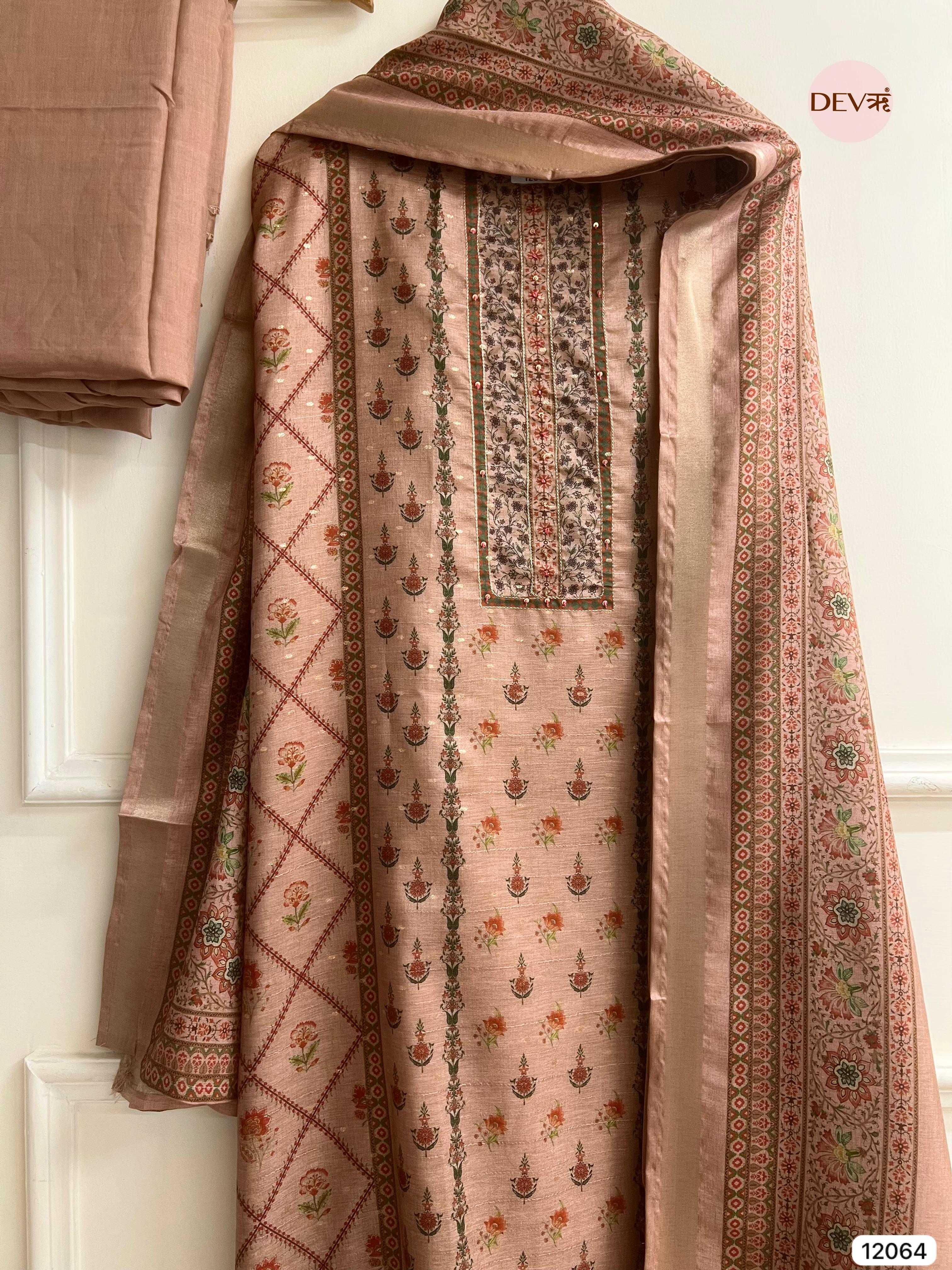 Brown Raw Handloom Silk Unstitched Designer Printed With Hand Embroidery -Set Of 3 - {12064}