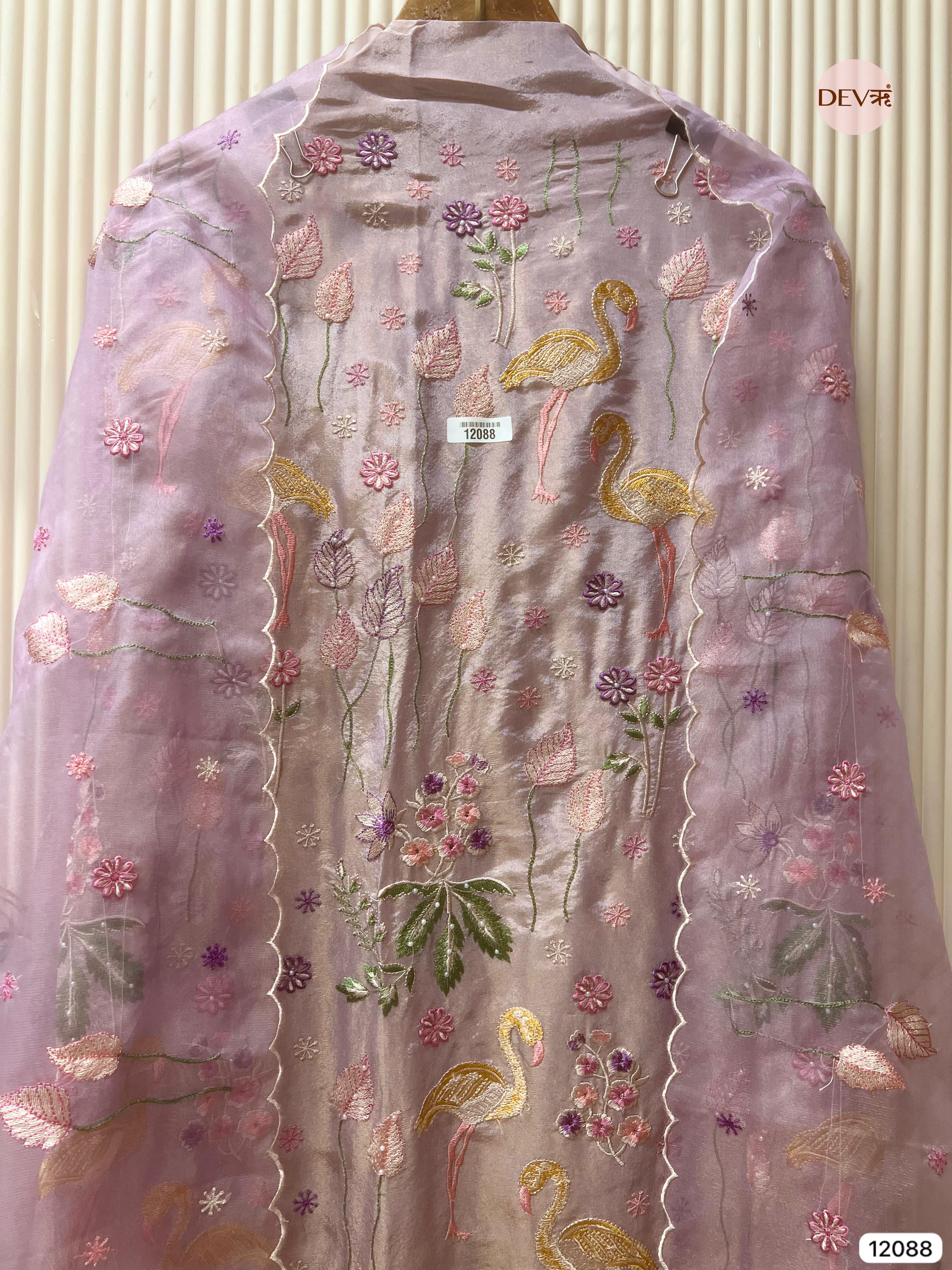 Light Purple Shimmer Tissue Silk Unstitched Embroidered -Set Of 3 - {12088}