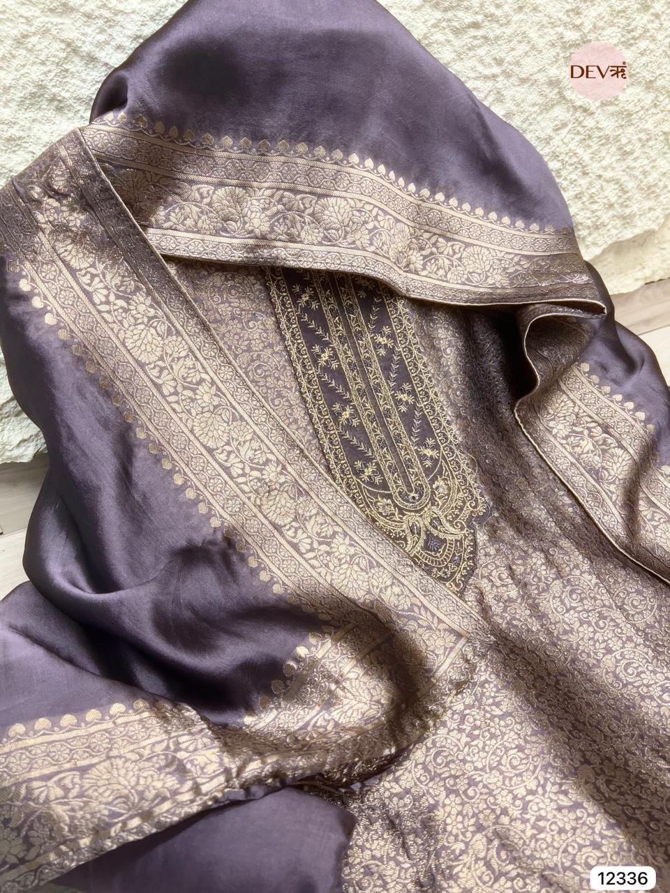 Soft Mauve Pure Banarasi Silk Embroidered Unstitched 3-Piece Suit (Devri – D.No 12336)