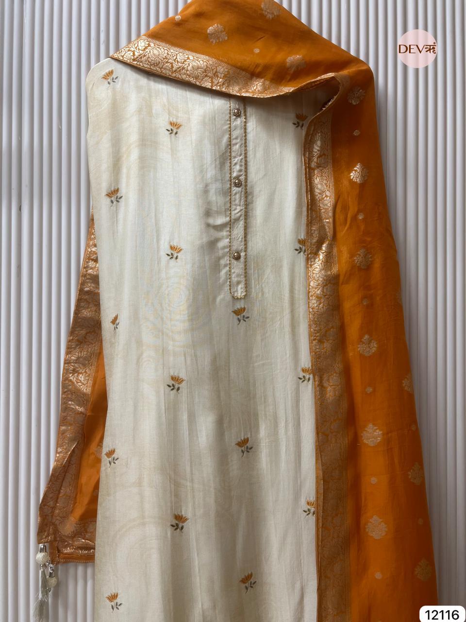 Mustard Russian Silk Embroidered Unstitched 3-Piece Suit (Devri – D.No 12116)