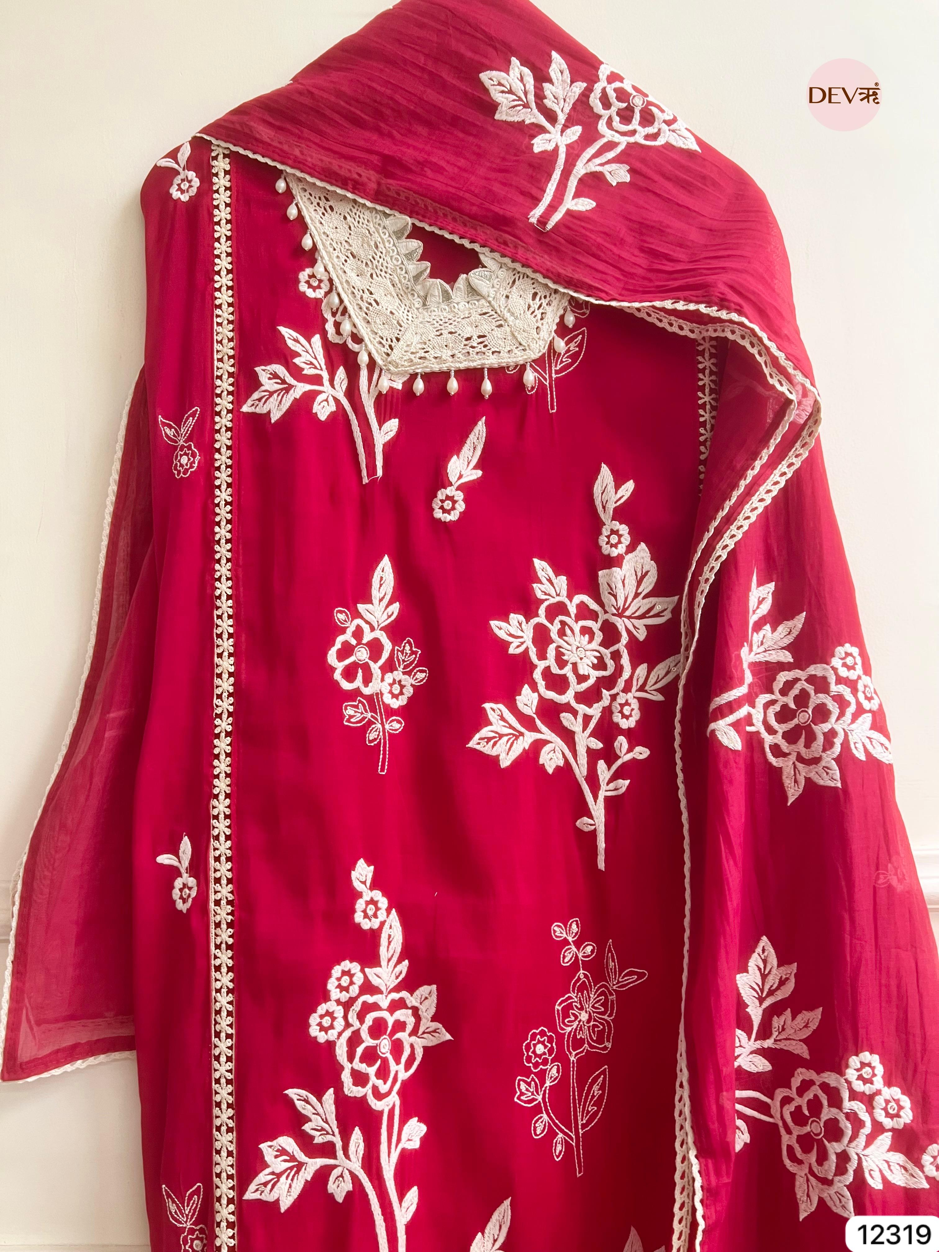 Deep Crimson Mul Chanderi Embroidered Unstitched 3-Piece Suit (Devri – D.No 12319)
