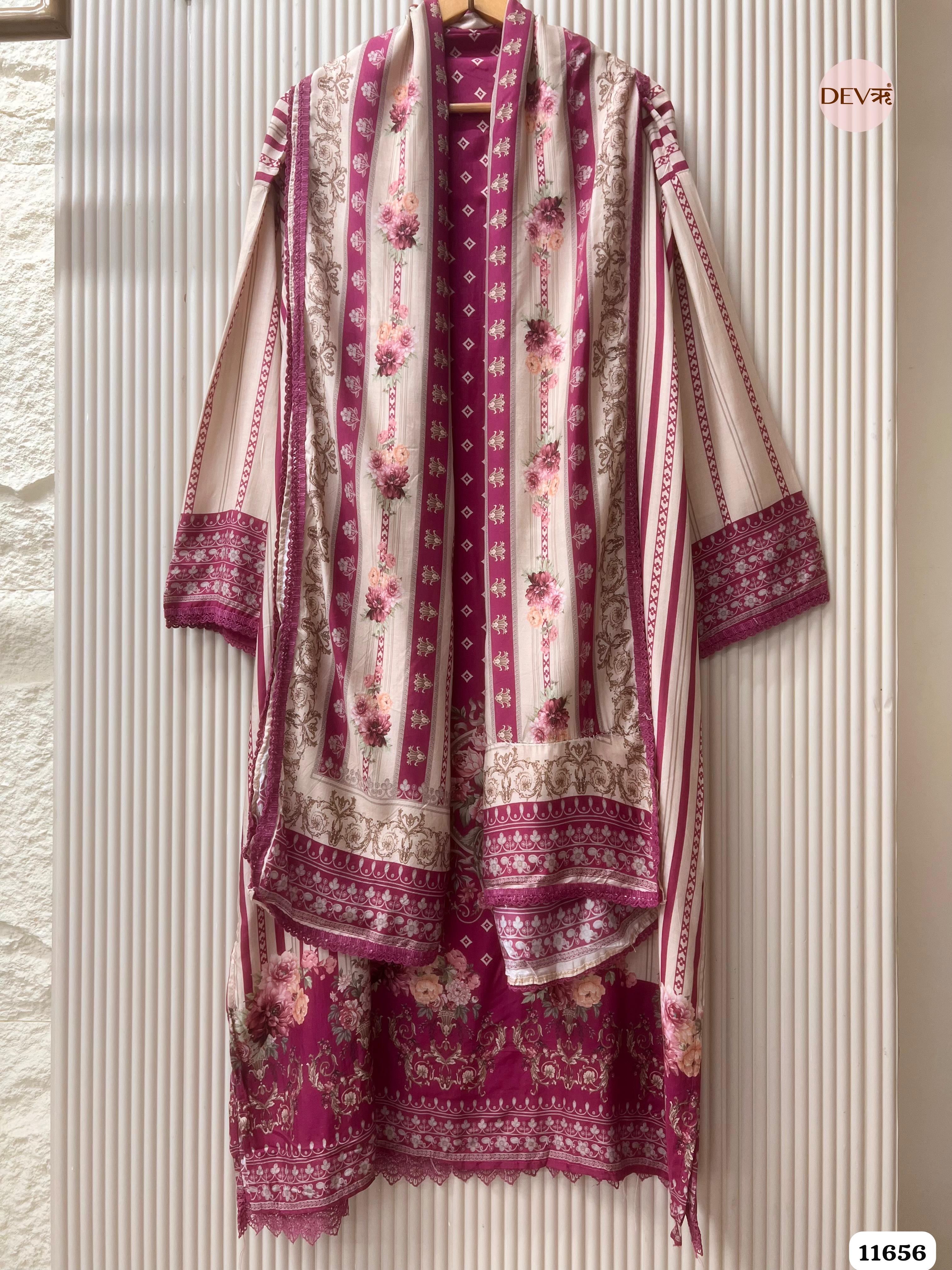 Magenta Pink Muslin Printed Semi Stitched Hand Embroidered -Set Of 3 {11656}