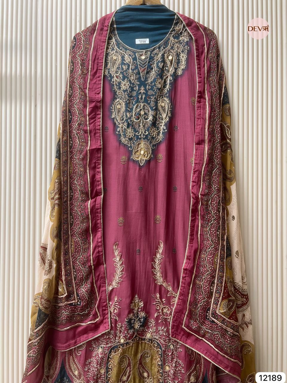 Wine Muslin Embroidered Unstitched 3-Piece Suit (Devri – D.No 12189)