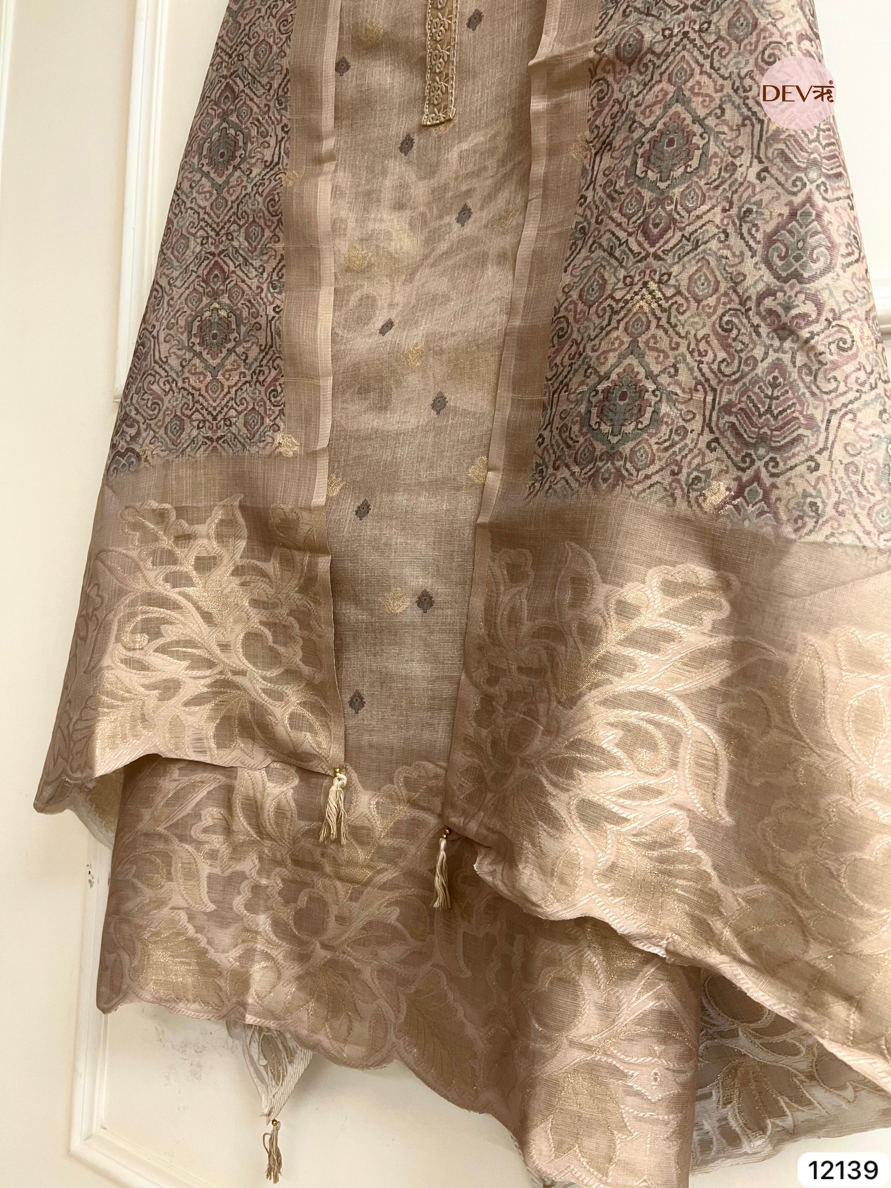 Beige Pure Jamdhani Silk Unstitched Woven Embroidered -Set Of 3 - {12139}